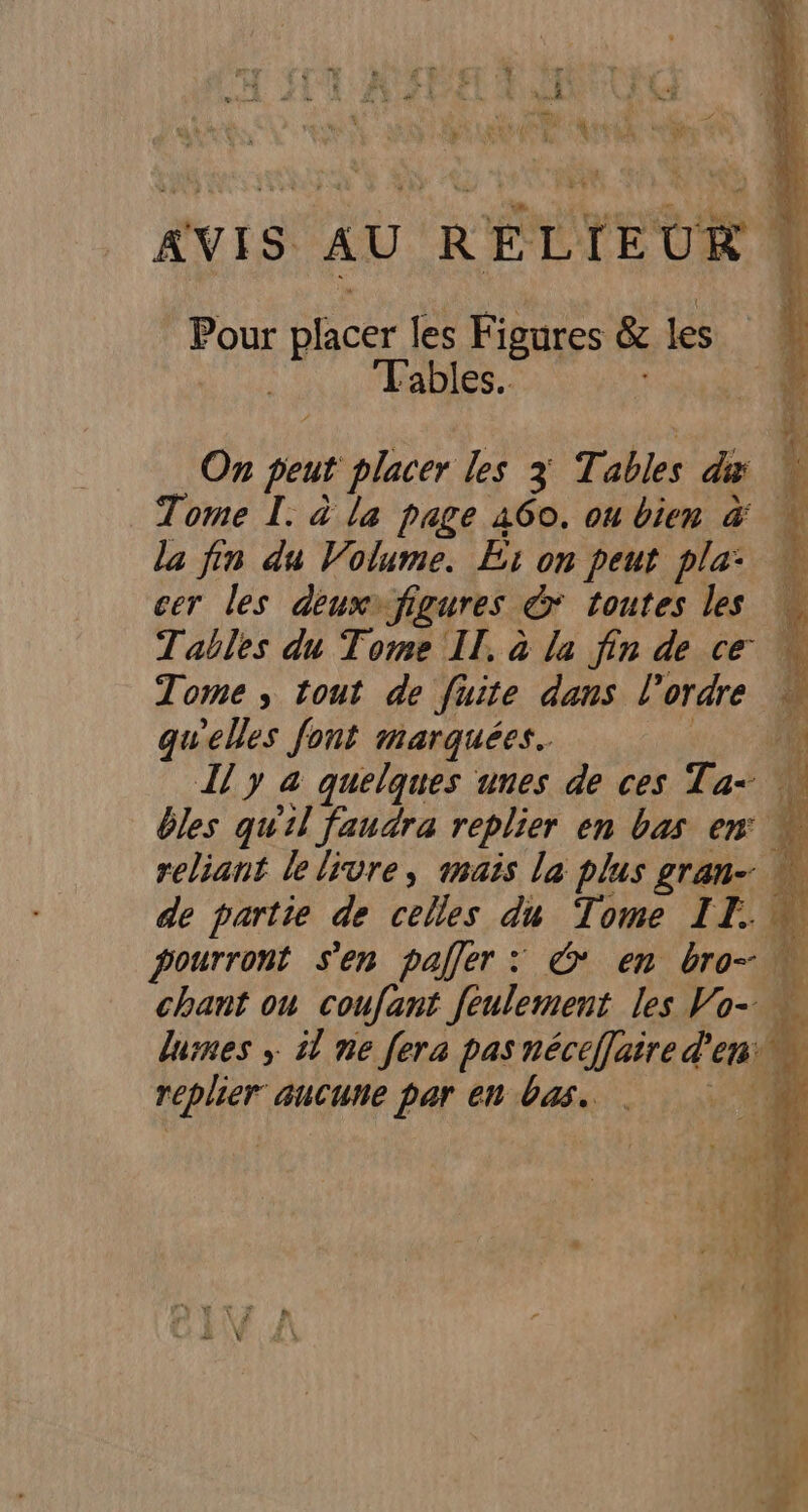 AVIS AU RELIEUR « Pour placer les Figures &amp; les | ‘Fables. On peut placer les 3 Tables CA Tome I. à la page 160. ou bien &amp; la fin du Volume. Es om peut pla: cer les deuxrfigures &amp; toutes les Tables du Tome I, à la fin de ce Tome ; tout de fuite dans l ordre qu'elles font marquées. I y a quelques unes de ces Ta- * bles qu'il faudra replier en bas en. reliant le livre, mais la plus gran- de partie de celles du Tome I L L pourront s'en paller : &amp;* en bro- chant on coufant feulement les Vo- \ lumes ; il ne fera pas néceffaire d'env rar aucune par en oh