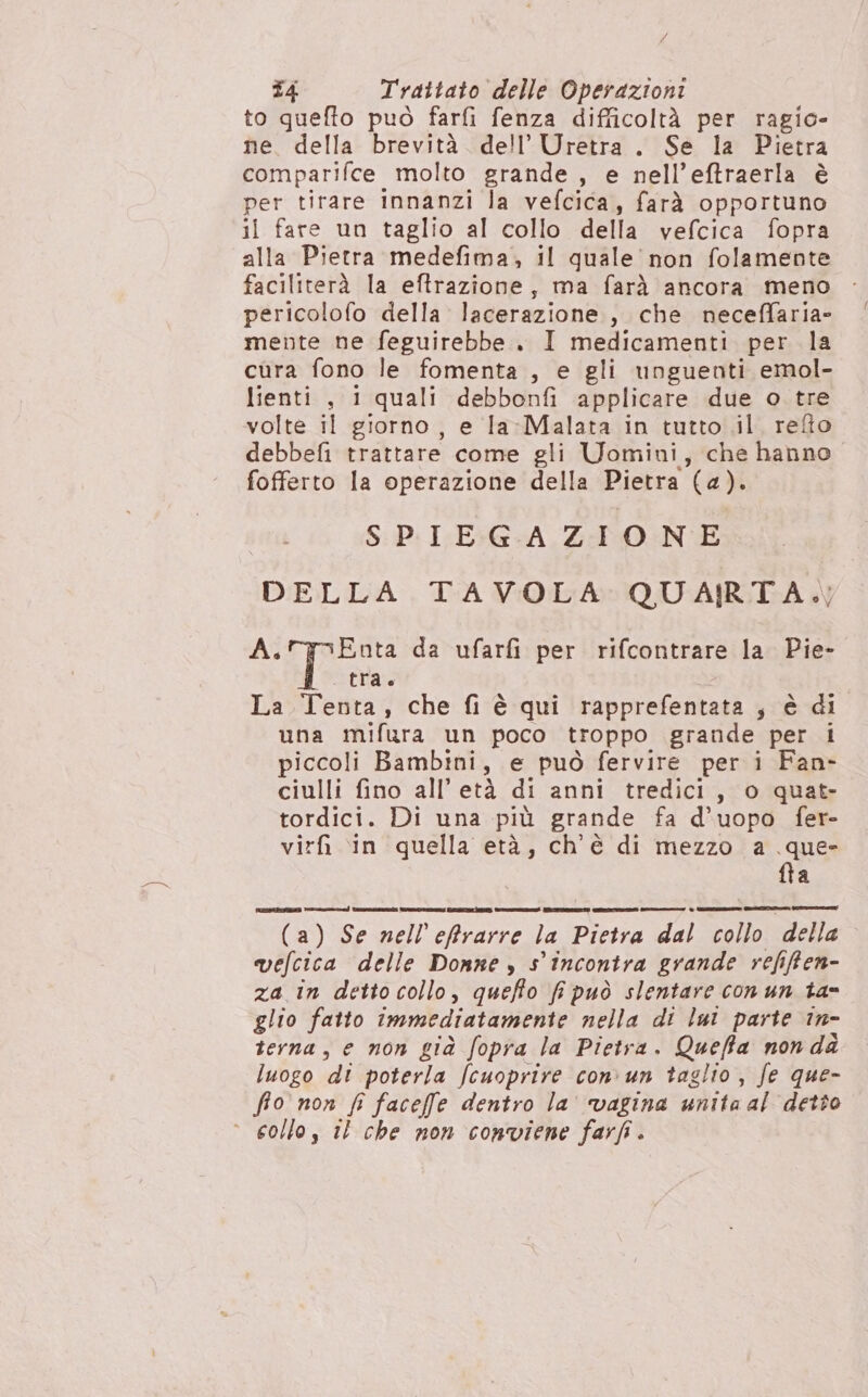 / z4 Trattato delle Operazioni to quefto può farfi fenza difficoltà per ragio- ne. della brevità. dell’Uretra. Se la Pietra comparifce molto grande , e nell’eftraerla è per tirare innanzi la vefcica, farà opportuno il fare un taglio al collo della vefcica fopra alla Pietra medefima, il quale non folamente faciliterà la eftrazione, ma farà ancora meno pericolofo della lacerazione , che neceffaria- mente ne feguirebbe.. I medicamenti per la cura fono le fomenta , e gli unguenti emol- lienti , i quali debbonfi applicare due o tre volte il giorno, e la-Malata in tutto .il. refto debbefi trattare come gli Uomini, che hanno fofferto la operazione della Pietra (a). SPIEGAZIONE DELLA TAVOLA QUAIRTA,.; A.TyoEnta da ufarfi per rifcontrare la Pie- tra. La Tenta, che fi è qui rapprefentata , è di una mifura un poco troppo grande per i piccoli Bambini, e può fervire per i Fan- ciulli fino all’ età di anni tredici, o quat- tordici. Di una più grande fa d’uopo fer- virfi in quella età, ch'è di mezzo a Ria a (a) Se nell’'effrarre la Pietra dal collo della vefcica delle Donne , s'incontra grande refiffen- za in detto collo, queffo fi può slentare conun ta- glio fatto immediatamente nella di lut parte in- terna, e non già fopra la Pietra. Queffa nondà luogo di poterla /cuoprire con. un taglio, fe que- fio non fr faceffe dentro la’ vagina unita al detto ° collo, 10 che non conviene farfi.