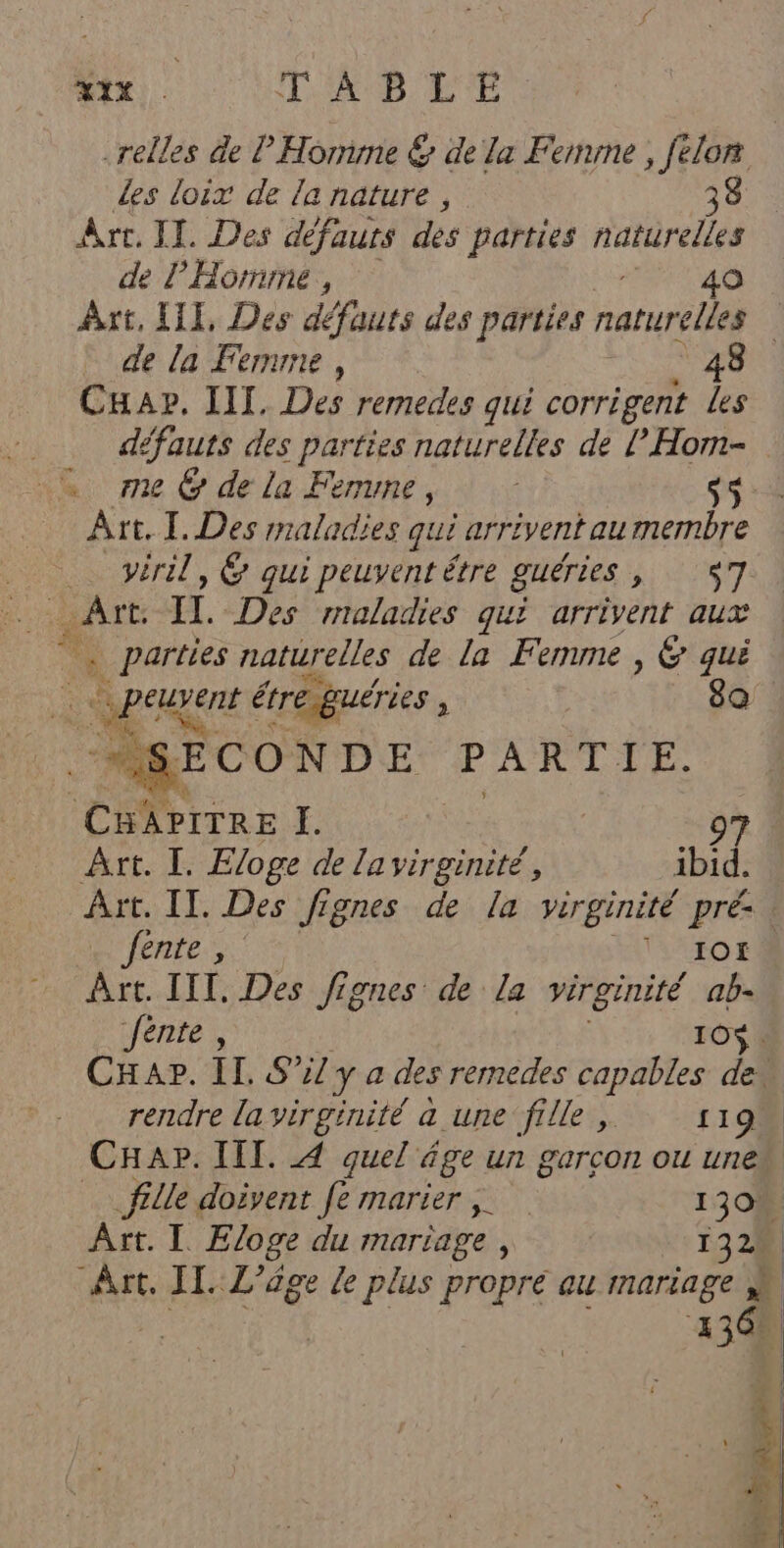 max TAB Le relles de ? Homme &amp; de la Femme, felon Les loir de la nature, 8 de l'Homme , 49 de la Femme , 48 CHap. III. Des remedes qui corrigent Les défauts des parties naturelles de l Hom- me € de la Ferune, $5 viril, @ qui peuvent étre guéries , $7 # . parties naturelles de la Femme , &amp; qui À ns étre guéries ; 8a ECONDE PARTIE. ÉtiRE . | 97 Art. I. Eloge de la virginité, ibid. Art. IT, Des Jignes de la virginité Léa Jénte , rendre la virginité a une fille , 119 CHap. IIT. 4 quel âge un garcon ou une _fille doivent [e marier 130%. Art. I Eloge du mariage, 1324 136: