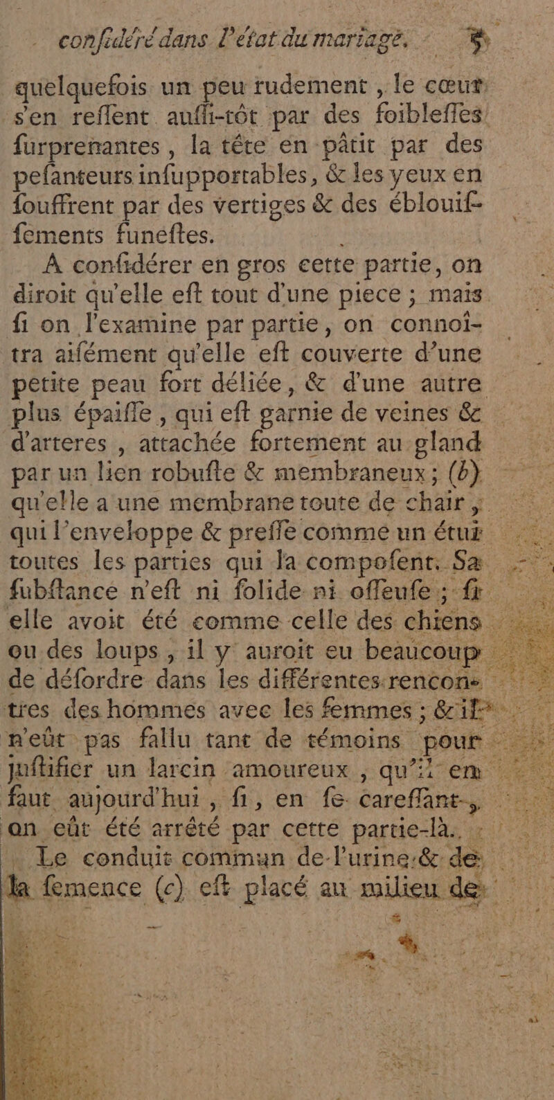 quelquefois un peu rudement , le cœu® s'en reflent aufhi-tôt par des foibleffes furprenantes , la tête én pârit par des pefanteurs infupportables, &amp; les yeux en fouffrent par des vertiges &amp; des éblouif- fements funéftes. À confidérer en gros cette partie, on diroit qu'elle eft tout d’une piece ; mais fi on l'examine par partie, on connoi- tra aifément qu'elle eft couverte d’une petite peau fort délice, &amp; d'une autre plus épaiffe , qui eft garnie de veines &amp; d’arteres , attachée fortement au gland par un lien robufle &amp; membraneux; (b} qu'elle a une membrane toute de chair ; qui l’enveloppe &amp; preffe commeun étui toutes les parties qui la compofent, Sa .- fubflance n'eft ni folide ni ofleufe; fr elle avoit été comme celle des chiens ou des loups , il y auroit eu beaucoup : de défordre dans les différentes-rencone tres des hommes avec les femmes ; &amp;if* m'eût pas fallu tant de témoins pour juftifiér un larcin amoureux , qu’ em faut aujourd'hui , fi, en fe Careflants 0 jan eût été arrêté par cetté partie-las : _ Le conduit commun de-lurine:&amp; de la femence (c) cft placé au milieu de d à PR Here | HER | 7 LHONNPESCUTE à, ag: - É re ire. TE ++ : 1e