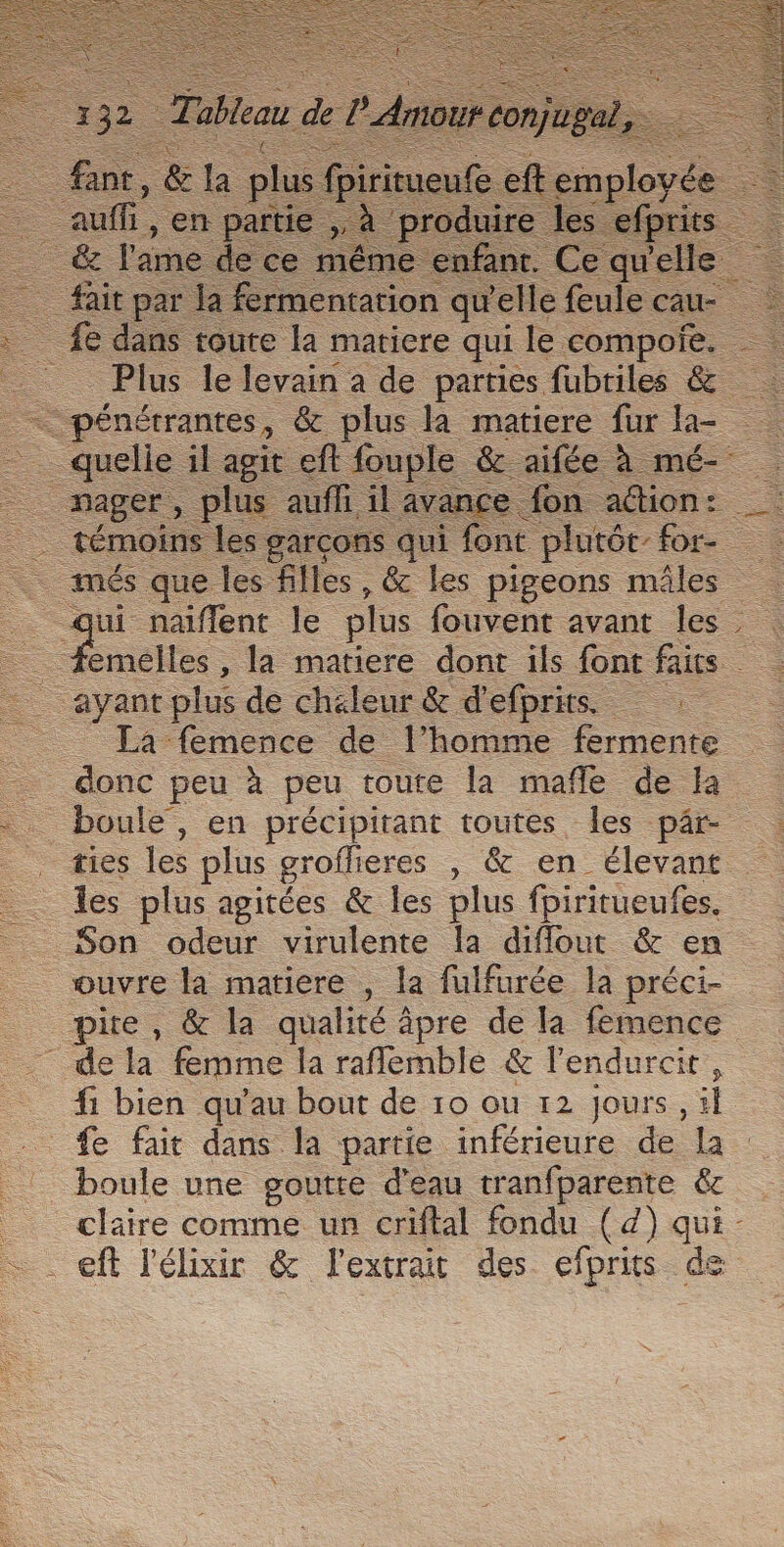 . &amp; l'ame de ce mé en ant. Ce qi a ayant plus de chaleur &amp; d'efprits _ donc peu À peu toute la mañle de la les plus agitées &amp; les plus fpiriueufes. ouvre la matiere , la fulfurée la préci- dela femme la raflemble &amp; lendurcit, fe fair dans la partie inférieure de la boule une goutte d'eau tranfparente &amp; .eft l'élixir &amp; l'extrait des efprits de ù ÿ