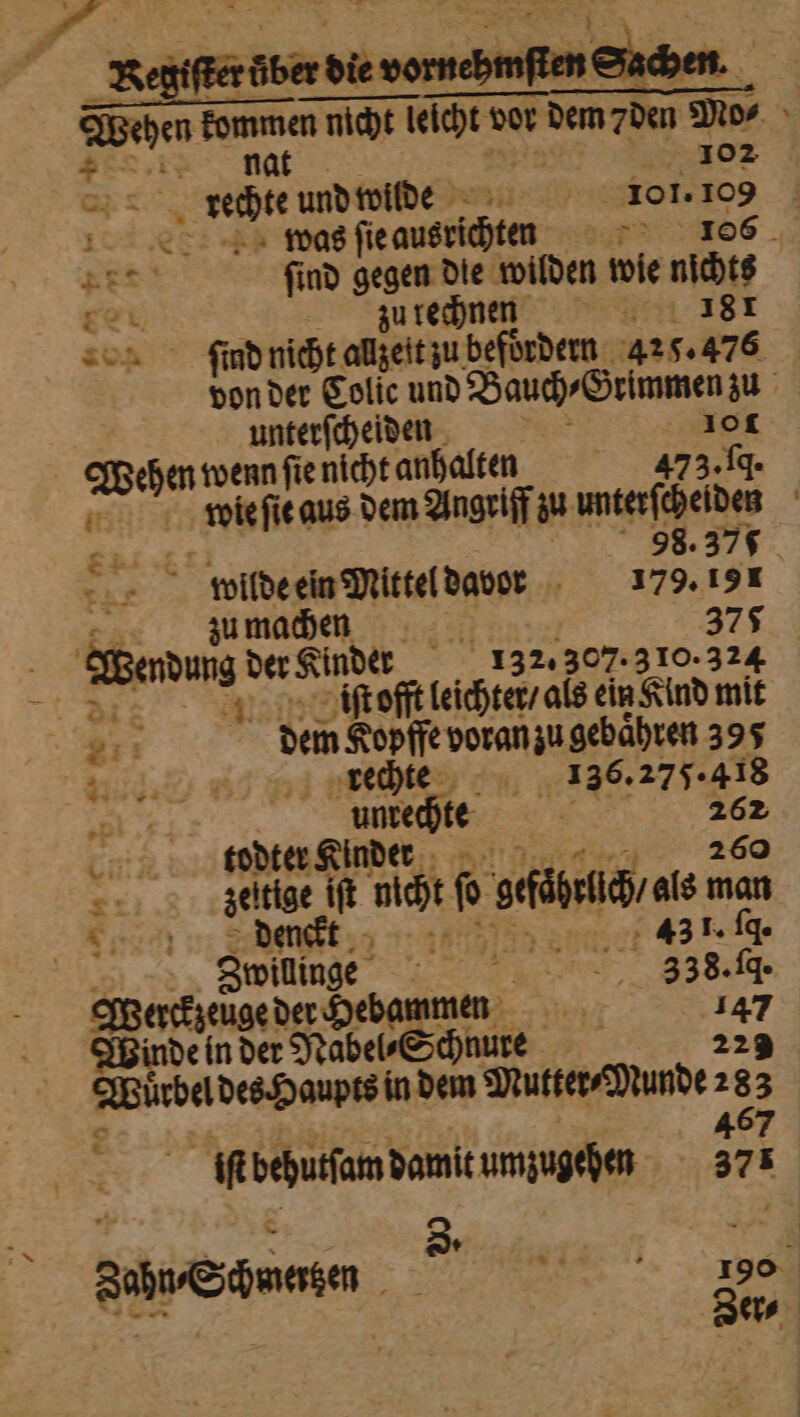 Wehen kommen nicht dect de vor dem 7den Mo⸗ - nat 102 8 8 abe und wilde 101. 19 wia ſie ausri richten 106 get find gegen die wilden wie nichts 80 2 zu trechnen | ſind nicht allzeit zu befoͤrdern 428 5 8 von der Colic und Bauch⸗Grimmen zu unterſcheiden I0t Wehen wenn ſie nicht anhaltn 473. f. wie ſie aus dem Angriff zu ee 841 87 98.375 ES wide en Wirteldanor 179.191 * zu machen 375 Wendung der Kinder 132.307. 310. 324 ut est lachte as ein Kind mit 1 1 dem Kopfe poranzu gebaͤhren 395 3 rechte 136.275. 5 RE a 1 Di todter 1 8 2 zeuge 15 . 0 ve man ’ 8 10 denckt r | h &amp;3 1. fq. Zwillinge Aare 2 338.19. Werckzeuge der Hebammen 147 Winde in der Nabel⸗Schnure 223 Würbel des Haupts in dem Mutter Munde 283 467 L M behufam damit umzugehen 371 ahn- Schnatzen .