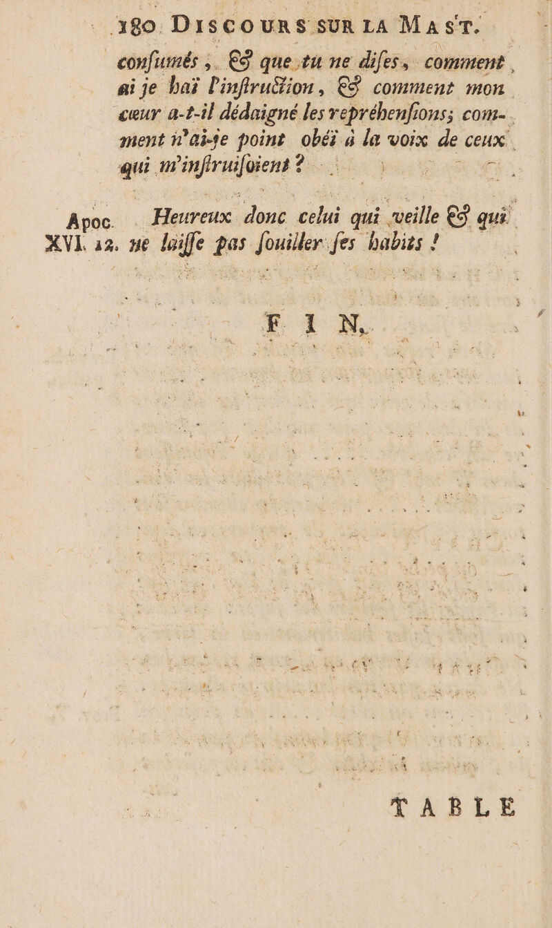 380 Di sco UR S SUR LA M A ST; confiés; ,. €9 que.tu ne difes, comment aije baï linfrution, © comment mon cœuy a-2-il dédaigné les repréhenfi 20NS; com. ment h’aise point obéi à la voix de ceux. mé 1) rene: Déni est La Apoc. Heureux donc celui qui. ‘veille es qui XVL 33. He Je pas fi dé babies ! ! “en