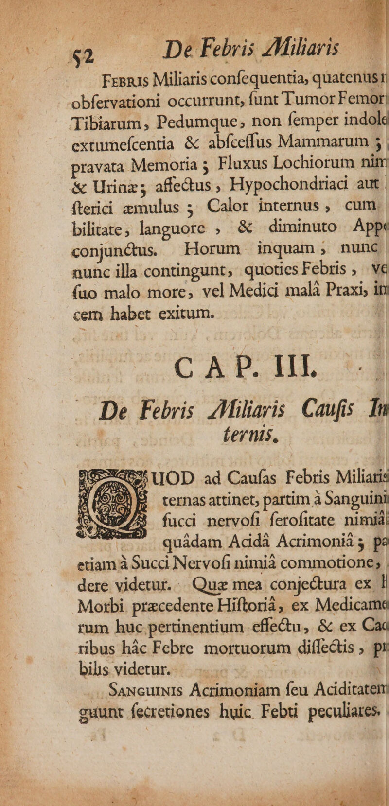 $2 7pP Faris AMülaris Fesnus Miliaris confequentia; quatenusr f -obfervationi occurrunt, funt Tumor Femor| Tibiarum, Pedumque; non femper indold extumefcentia &amp; abíceffus Mammarum 3 5| pravata Memoria 5 Fluxus Lochiorum nim &amp; Urin; affe&amp;us , Hypochondriaci aut. fterii zmulus 3; Calor internus ,. cum. bilitate, languore ; &amp; diminuto App: conjunctus. Horum inquam ; nung! nunc illa contingunt, quoties Febris . v€ fuo malo more, vel Medic malà Praxi i in cem habet exitum. C A P. IIT. De Febris. ZMiliaris | Caufis ti Lernis, $ quu UOD ad Caufas Febris Miliall TOXe^ B ternasattinet; partim. à Sanguini fucci nervofi ferofitate nimi: quádam Addi Acrimoniá 4 etiam à àSucá Nervofi nimià commotione; , dere videtur. |. Quz mea conje&amp;ura ex I Morbi pracedente Hiftoriá, ex Medicams rum huc pertinentium effectu, &amp; ex Caa ribus hác Febre mortuorum difleais ; p bils videtur. — M /. SANGUINIS Acrimoniam feu Aciditatem guunt fecretiones huic Febti peculiares. |