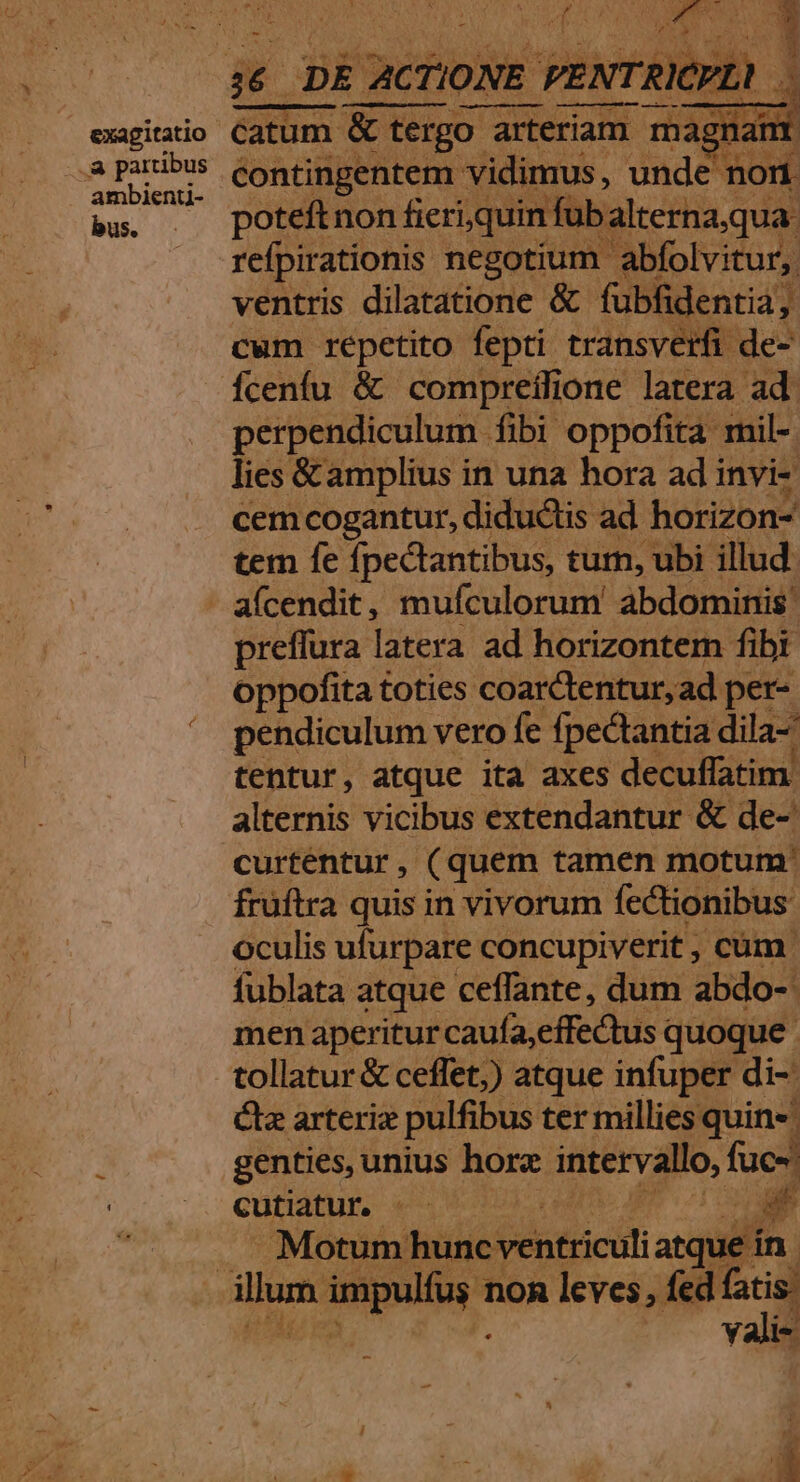 exagitatio ...a partibus ambienu- bus. catum &amp; tergo o atteriatii. magi am contingentem vidimus, unde nom. refpirationis negotium. abfolvitur,. ventris dilatatione &amp; fubfidentia; cum répetito fepti transverfi de- perpendiculum fibi oppofita mil- lies &amp;amplius in una hora ad invi- cem cogantur, diductis ad horizon- tem fe fpectantibus, tum, ubi illud aícendit, mufculorum' abdominis preffura latera ad horizontem fibi oppofita toties coarctentur, ad per- pendiculum vero fe fpectantia dila tentur, atque ita axes decuffatim. alternis vicibus extendantur &amp; de- curténtur , (quem tamen motum. fruftra quis in vivorum fcctionibus oculis ufurpare concupiverit , cum. fublata atque ceffante, dum abdo-' men aperiturcaufa,effechus quoque. tollatur &amp; ceffet;) atque infuper di- Cz arteriz pulfibus ter millies quin« genties, unius horx intervallo, fücs cutiatur. - M Motum hüiie ventriculi atque ir val