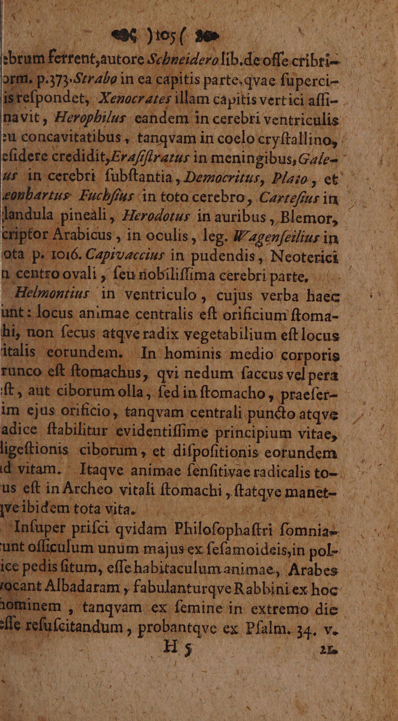 Vs s. de offe ctibri Ny v 9m E ert 1 n0 e , isrefpondet,. Xenocrates llam Cápitis vertici affi- navit, Heropbilus eandem 1n cerebri ventriculis | *u concavitatibus , tanqvam in coelo cryftallinoy /- uf in cerebri. fubftantia. Democritus, Plaio , et eonbartus. Fucbfius in toto cerebro, Carrefus in pd pineàli, Herodotus in auribus ,.Blemor, ^ criptor Arabicus , in oculis, leg. A agenfeiliur i in ota » I 2m ovali , » feu riobiliffima cerebri parte, . |  Helmontius | in ventriculo , cujus verba dass übt: locus animae centralis eft orificium ftoma- hi, non fecus atqve radix vegetabilium eft locus italis 'eorundem. In hominis medio Corpotis io ma hus. 3 qvi. nedum. faccus vel pera [n aut ciboru nolla, fed in ftomacho ,. praefer- im ejus orificio, tanqvam. centrali puncto. atqve | adice ftabilitur 'evidentiffir ime principium vitae, Poma ciborum , et difpofitionis eorundem - d. vitam. - ltaqve : animae fenfitivae radicalis to-. |veibidem. tota ta. 4s Infuper prifci qvidam Philofophaftri fools liculum unum majusex fefamoideisyin pol-- is C Ap effe habitaculum animae, Arab es : cant Albadaram; $ fabulanturqve Rabbini ex: hoc 1 prse