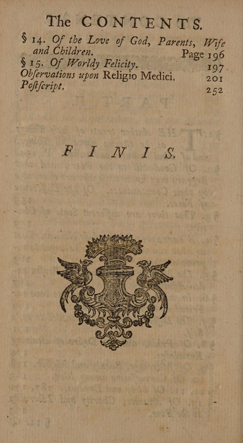 S14. Of the Love of God, Parents, Wife and Children, Page 196 $15. Of Worldy Felicity, ; 197. Ob/ervations upon Religio Medici, 201 Poffeript. ? 252 FS hid Vlad vas.