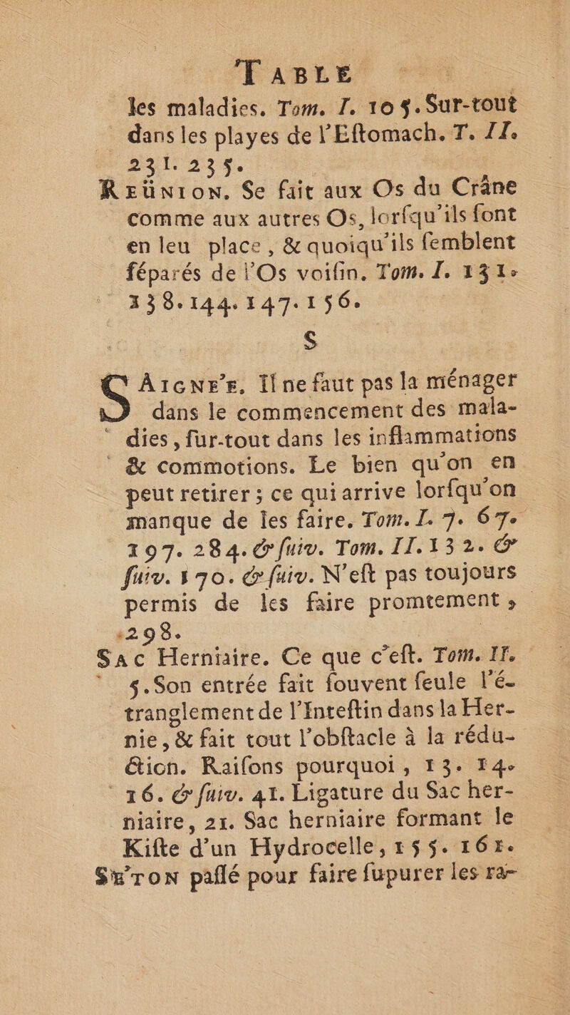 les maladies. Tom. I. 10 3. Sur-tout dans les playes de l'Eftomach. T. ZI. 231.235. Reünron. $e fair aux Os du Crane comme aux autres Os, lorfqu'ils font enleu place, & quoiqu'ils femblent féparés de l'Os voifin. Tom. I, 131: 138.144. 147.156. S ÂAIGNEE, Îlne faut pas la ménager dans le commencement des mala- * dies, fur-tout dans les inflimmations © & commotions. Le bien qu'on en peut retirer ; ce quiarrive lorfquon manque de les faire. Tom. L. 7. 67e 197. 284. fuiv. Tom. II.132. © fuiv. 3930. & fuiv. N'eft pas toujours permis de les faire promtements 298. Sac Herniaire. Ce que c’eft. Tom. If. * 4.Son entrée fait fouvent feule l'é- tranglement de l’Inteftin dans la Fer nie, & fait tout l’obftacle à la rédu- &ion. Raifons pourquoi, 13: 14e 16. &'fuiv. at. Ligature du Sac her- niaire, 21. Sac herniaire formant le Kifte d’un Hydrocelle, 155. 165. Sz’ron pañlé pour faire fupurer les ra