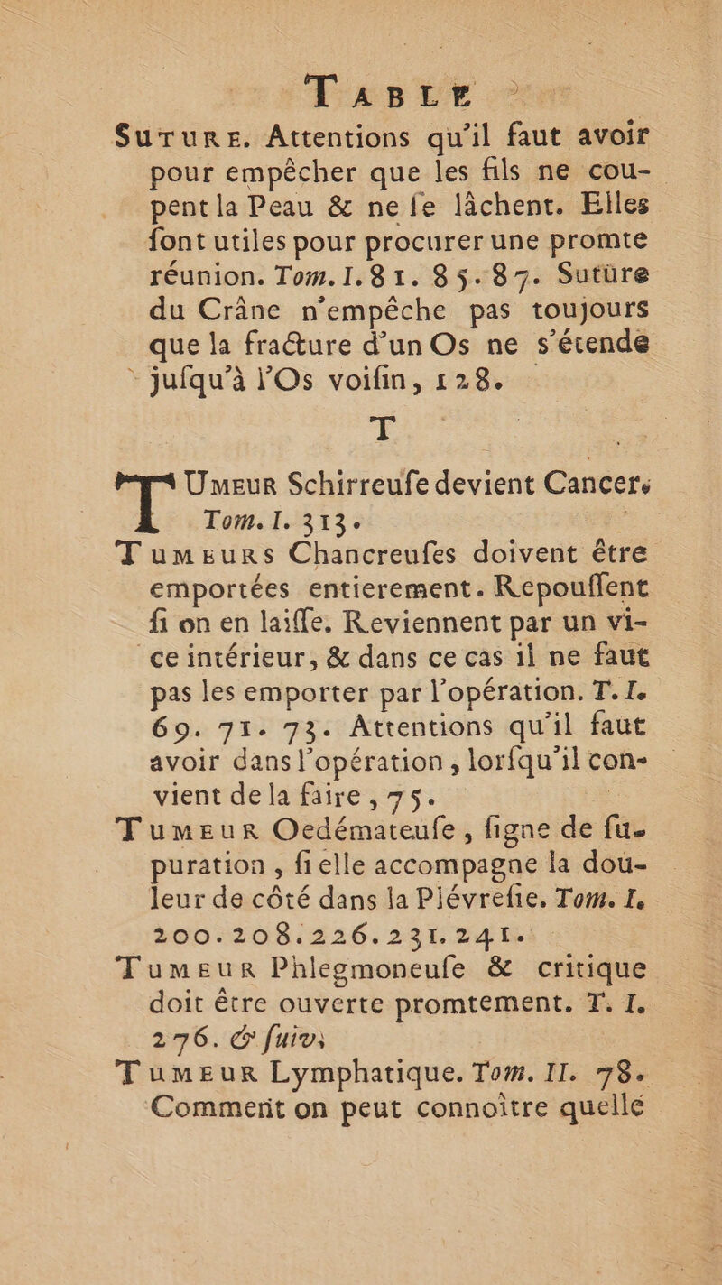 Fixe et Surure. Attentions qu'il faut avoir pour empêcher que les fils ne cou- pent la Peau & ne fe lâchent. Elles font utiles pour procurer une promte réunion. Tom.I.81. 85.87. Sutüre du Crâne n'empêche pas toujours que la fracture d’un Os ne s’étende - jufqu’à l'Os voifin, 128. T Umeur Schirreufe devient Cancers Tom. I. 313: Tumeurs Chancreufes doivent être emportées entierement. Repouflent fi on en laiffe. Reviennent par un vi- ce intérieur, & dans ce cas il ne faut pas les emporter par l'opération. T. I. 69. 71. 73. Attentions qu'il faut avoir dans l'opération , lorfqu’il con- vient de la faire , 75. | Tumeur Ocedémateufe , figne de fu. puration , fielle accompagne la dou- leur de côté dans la Plévrefie. Tom. I. 200.208.226.231.241. Tumeur Phlegmoneufe & critique doit être ouverte promtement. T. I. 276. & [uiv; Tumeur Lymphatique. Tom. II. 78. Commerit on peut connoître quelle