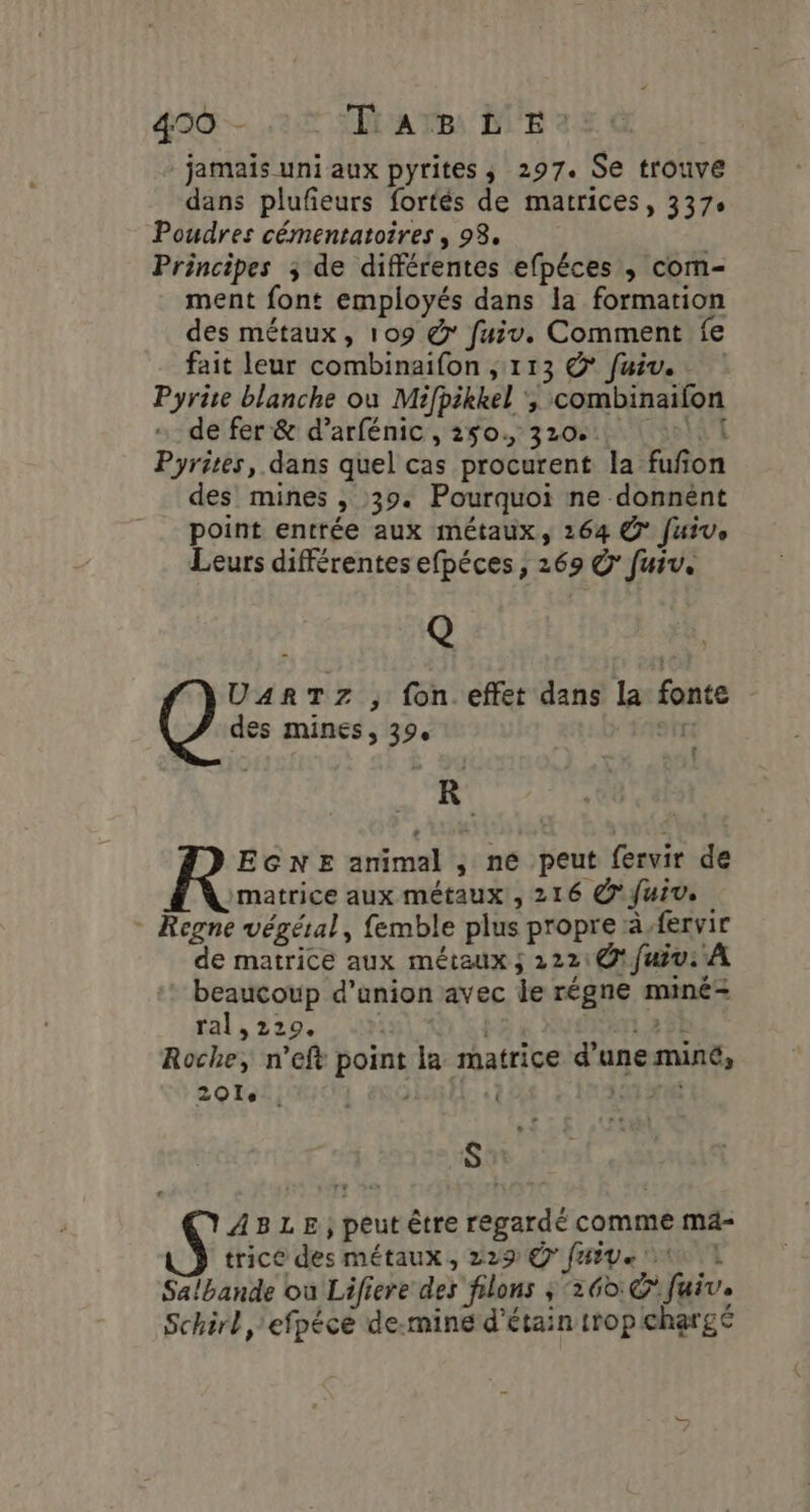 490 - TABLE jamais uni aux pyrites ; 297. Se trouve dans plufeurs fortés de matrices, 337° Poudres cémentatoires , 93. Principes ; de différentes efpéces , com- ment font employés dans la formation des métaux, 109 @' fuiv. Comment fe fait leur combinaifon ,:113 © fuiv. Pyrite blanche où Mifpikkel ‘, combinaifon de fer &amp; d’arfénic , 250. 320. \4T Pyrites, dans quel cas procurent la fufion des mines , 39. Pourquoi ne donnent point entrée aux métaux, 164 © fuive Leurs différentes efpéces, 269 © Juiv. no # Qi: TZ, fon effet dans la fonte des mines, 39. | { + R . + Re animal , né peut fervir de matrice aux métaux , 216 @'fuiv. * Regne végétal, femble plus propre à,fervir de matrice aux métaux ; 222: € fui: À beaucoup d’union avec le régne miné= ral, 220. ol © 4 1,25E Roche, n’eft point la matrice d'une mune, pie) D À: : 2 : &amp; S ABLE} peut être regardé comme ma- tric® des métaux, 229 @ five tn 1 Salbande où Lifiere des filons ; ‘26b:@ fuiv. Schirl , efpéce de-mine d’étain trop charge