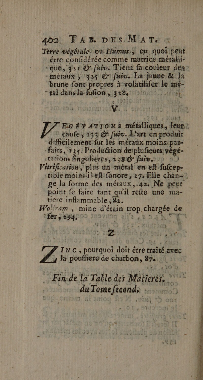 Tèrre végérale: ou Humus) en quoi peut être confidérée comme matrice métalh- ‘que, 321 © fhiv. Tient farcouleur des? métaux ; 325 © fui. La jaune &amp; la brune font propres À: “bg ag D le mé- “tal dans la füfion , es 2 AFTER v. E&amp; À +. ATI ON $ méistliqués: Lans à taufe/ 133 © fuiv. L'art en produit “difficilement fur les méraux moins pe “faits, r 35: Produ@ion derplufieurs, vé tations fi fingulieres, 238 fuiv. Jp 3) Vitrificarion, plus un métal en ef fafcep- tible moinsiteft: fonore, 27, Elle chan- : ge la forme des métaux, .42. Ne pert point fe faire tant qu'il refte une ma- tiere inflammable , 82. Wol'ram , mine d'étain F4 CHA ErAS de fer ; 294: “CR ‘4 L E 55: pd VB = : ! ç” ° À € 241 9 3 IN c: pHUTOS doit ë ètre traité. avec 4 là pouf fers de charbon, 4 HSE e10 pps de la Table des Mer | As ere, EE no)