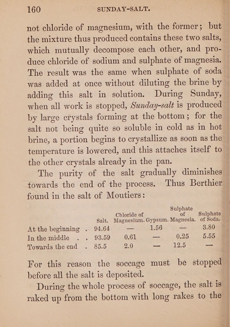 not chloride of magnesium, with the former; but the mixture thus produced contains these two salts, which mutually decompose each other, and pro- duce chloride of sodium and sulphate of magnesia. The result was the same when sulphate of soda was added at once without diluting the brine by adding this salt in solution. During Sunday, when all work is stopped, Sunday-salt is produced by large crystals forming at the bottom; for the salt not being quite so soluble in cold as in hot brine, a portion begins to crystallize as soon as the temperature is lowered, and this attaches itself to the other crystals already in the pan. | The purity of the salt gradually diminishes towards the end of the process. Thus Berthier found in the salt of Moutiers: Sulphate Chloride of of Sulphate Salt. Magnesium. Gypsum. Magnesia, of Soda. At the beginning . 94.64 — 1.56 -— 3.80 In the middle . . 93.59 0.61 — 0.25 5.55 Towards theend . 85.5 2.0 — 12.5 a For this reason the soccage must be stopped before all the salt is deposited. - During the whole process of soccage, the salt is raked up from the bottom with long rakes to the