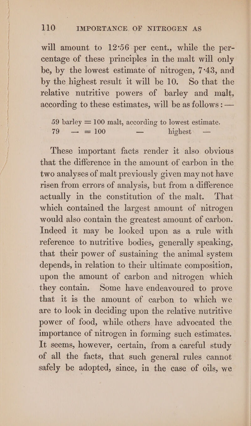 will amount to 12°56 per cent., while the per- centage of these principles in the malt will only be, by the lowest estimate of nitrogen, 7:43, and by the highest result it will be 10. So that the relative nutritive powers of barley and malt, according to these estimates, will be as follows : — 59 barley = 100 malt, according to lowest estimate. 79 — = 100 — highest. — These important facts render it also obvious that the difference in the amount of carbon in the two analyses of malt previously given may not have risen from errors of analysis, but from a difference actually in the constitution of the malt. That which contained the largest amount of nitrogen would also contain the greatest amount of carbon. Indeed it may be looked upon as a rule with reference to nutritive bodies, generally speaking, that their power of sustaining the animal system depends, in relation to their ultimate composition, upon the amount of carbon and nitrogen which they contain. Some have endeavoured to prove that it is the amount of carbon to which we are to look in deciding upon the relative nutritive power of food, while others have advocated the importance of nitrogen in forming such estimates. It seems, however, certain, from a careful study of all the facts, that such general rules cannot safely be adopted, since, in the case of oils, we