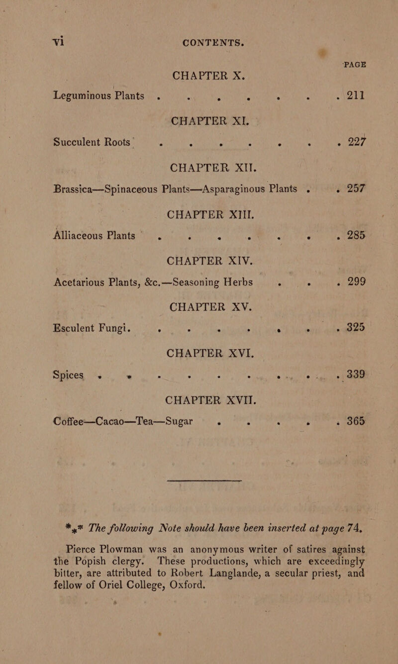 vi CONTENTS. CHAPTER X. Leguminous Plants. : . . CHAPTER XI. Succulent Roots | - : . CHAPTER XII. CHAPTER XIII. Alliaceous Plants . : ° . CHAPTER XIV. Acetarious Plants, &amp;c.—Seasoning Herbs CHAPTER XV. Esculent Fungi. . . . CHAPTER XVI. Spices ° . : : : CHAPTER XVII. Coffee—Cacao—Tea—Sugar ‘ ‘PAGE - 227 if aoe . 325 . 339 » 365 fellow of Oriel College, Oxford.