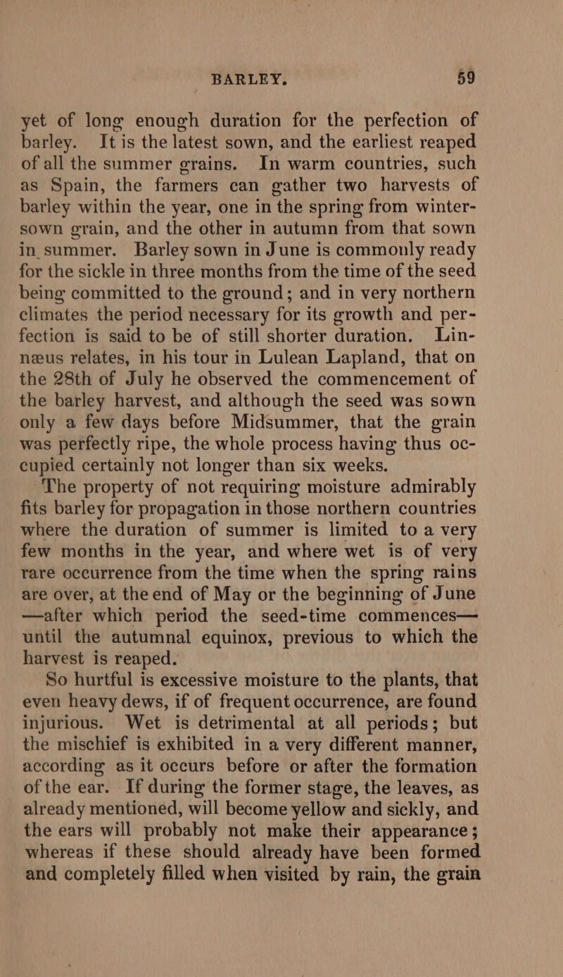 yet of lone enough duration for the perfection of barley. It is the latest sown, and the earliest reaped of all the summer grains. In warm countries, such as Spain, the farmers can gather two harvests of barley within the year, one in the spring from winter- sown grain, and the other in autumn from that sown in summer. Barley sown in June is commonly ready for the sickle in three months from the time of the seed being committed to the ground; and in very northern climates the period necessary for its growth and per- fection is said to be of still shorter duration, Lin- neus relates, in his tour in Lulean Lapland, that on the 28th of July he observed the commencement of the barley harvest, and although the seed was sown only a few days before Midsummer, that the grain was perfectly ripe, the whole process having thus oc- cupied certainly not longer than six weeks. The property of not requiring moisture admirably fits barley for propagation in those northern countries where the duration of summer is limited to a very few months in the year, and where wet is of very rare occurrence from the time when the spring rains are over, at the end of May or the beginning of June —after which period the seed-time commences— until the autumnal equinox, previous to which the harvest is reaped. So hurtful is excessive moisture to the plants, that even heavy dews, if of frequent occurrence, are found injurious. Wet is detrimental at all periods; but the mischief is exhibited in a very different manner, according as it occurs before or after the formation of the ear. If during the former stage, the leaves, as already mentioned, will become yellow and sickly, and the ears will probably not make their appearance ; whereas if these should already have been formed and completely filled when visited by rain, the grain