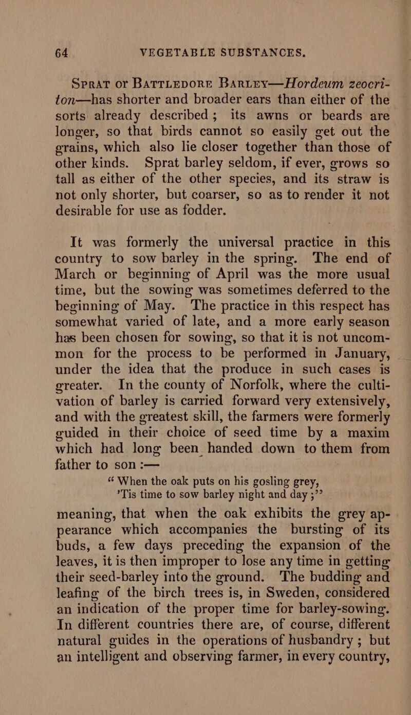 Sprat or BattLeporRE BarLtev—Hordeum zeocri- ton—has shorter and broader ears than either of the sorts already described; its awns or beards are longer, so that birds cannot so easily get out the grains, which also lie closer together than those of other kinds. Sprat barley seldom, if ever, grows so tall as either of the other species, and its straw is not only shorter, but coarser, so as to render it not desirable for use as fodder. It was formerly the universal practice in this country to sow barley in the spring. The end of March or beginning of April was the more usual time, but the sowing was sometimes deferred to the beginning of May. The practice in this respect has somewhat varied of late, and a more early season has been chosen for sowing, so that it is not uncom- mon for the process to be performed in January, under the idea that the produce in such cases is greater. In the county of Norfolk, where the culti- vation of barley is carried forward very extensively, and with the greatest skill, the farmers were formerly guided in their choice of seed time by a maxim which had long been handed down to them from father to son :— “‘ When the oak puts on his gosling grey, ’Tis time to sow barley night and day ;”’ meaning, that when the oak exhibits the grey ap- pearance which accompanies the bursting of its buds, a few days preceding the expansion of the leaves, it is then improper to lose any time in getting their seed-barley into the ground. ‘The budding and leafing of the birch trees is, in Sweden, considered an indication of the proper time for barley-sowing. In different countries there are, of course, different natural guides in the operations of husbandry ; but an intelligent and observing farmer, in every country,