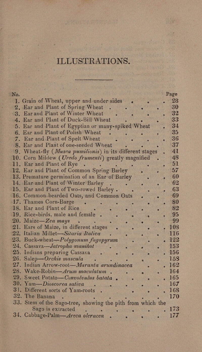 ILLUSTRATIONS. No. 1. Grain of Wheat, upper and undersides « . “ 2, Ear and Plant of Spring Wheat . z - : 8. Earand Plant of Winter Wheat j A : : 4. Ear and Plant of Duck-Bill Wheat : 5. Ear and Plant of Egyptian or many-spiked Wheat 4 6, Ear and Plant of Polish Wheat . i ° : 7. Ear and Plant of Spelt Wheat : : “ : 8. Ear and Plant of one-seeded Wheat 9. Wheat-fly (Musca pumilionis) in its different stages ; 10. Corn Mildew (Uredo frument?) greatly magnified . 11. Ear and Plant of Rye . 2 5 12, Ear and Plant of Common Spring Barley ° . 13. Premature germination of an Ear of Barley : . 14, Earand Plant of Winter Barley. 4 15, Ear and Plant of Two-rowed Barley . : a * 16. Common-bearded Oats, and Common Oats . . 17. Thames Corn-Barge , = ; :  P 18. Ear and Plant of Rice 5 : ; ; - 19. Rice-birds, male and female . dl . f 20. Maize—Zea mays. r : i. A 21. Ears of Maize, in different stages A . . : 22. Italian Millet—Sitaria alien: . s a 23. Buck-wheat—Polygonum faugopyrum ; . ° 24, Cassava-—Jatropha manihot - . ; ; 25. Indians preparing Cassava. . ° : 26. Salep—Orchis mascula .  ‘ e 27. Indian Arrow-root— Maranta arundinacea : 7 28. Wake-Robin—4rum maculatum . : a “ 29. Sweet Potato—Convolvulus batata , Fi : 30. Yam— Dvioscorea sativa : x 2 . 31. Different sorts of Yam-roots . ; ; . ‘ 32. The Banana Sago is extracted ; j