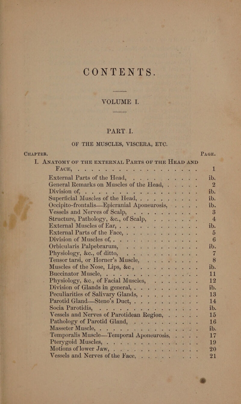 oe CONTENTS. VOLUME I. PART. I. OF THE MUSCLES, VISCERA, ETC. Fac, External Parts of the Head, General Remarks on Muscles of the Head, Division of, . . Superficial Muscles of the Head, ; Occipito-frontalis—Epicranial Aponeurosis, Vessels and Nerves of Scalp, ... Structure, Pathology, &amp;c., of eae External Muscles of Ear, . . External Parts of the Face, . Division of Muscles of, . Orbicularis Palpebrarum, Physiology, &amp;c., of ditto, Tensor tarsi, or Horner’s Muscle, Muscles of the Nose, Lips, &amp;c., Buccinator Muscle, . . Physiology, &amp;c., of Facial I Muscles, Division of Glands i in general, . Peculiarities of Salivary Glands, ; Parotid Gland—Steno’s Duct, . Socia Parotidis, Vessels and Nerves of Parotidean_ Region, Pathology of Parotid Gland, Masseter Muscle, . Temporalis Muscle—Temporal “Aponeuro: Osis, Pterygoid Muscles, . Motions of lower Jaw, . , Vessels and Nerves of the Face, PAGE.