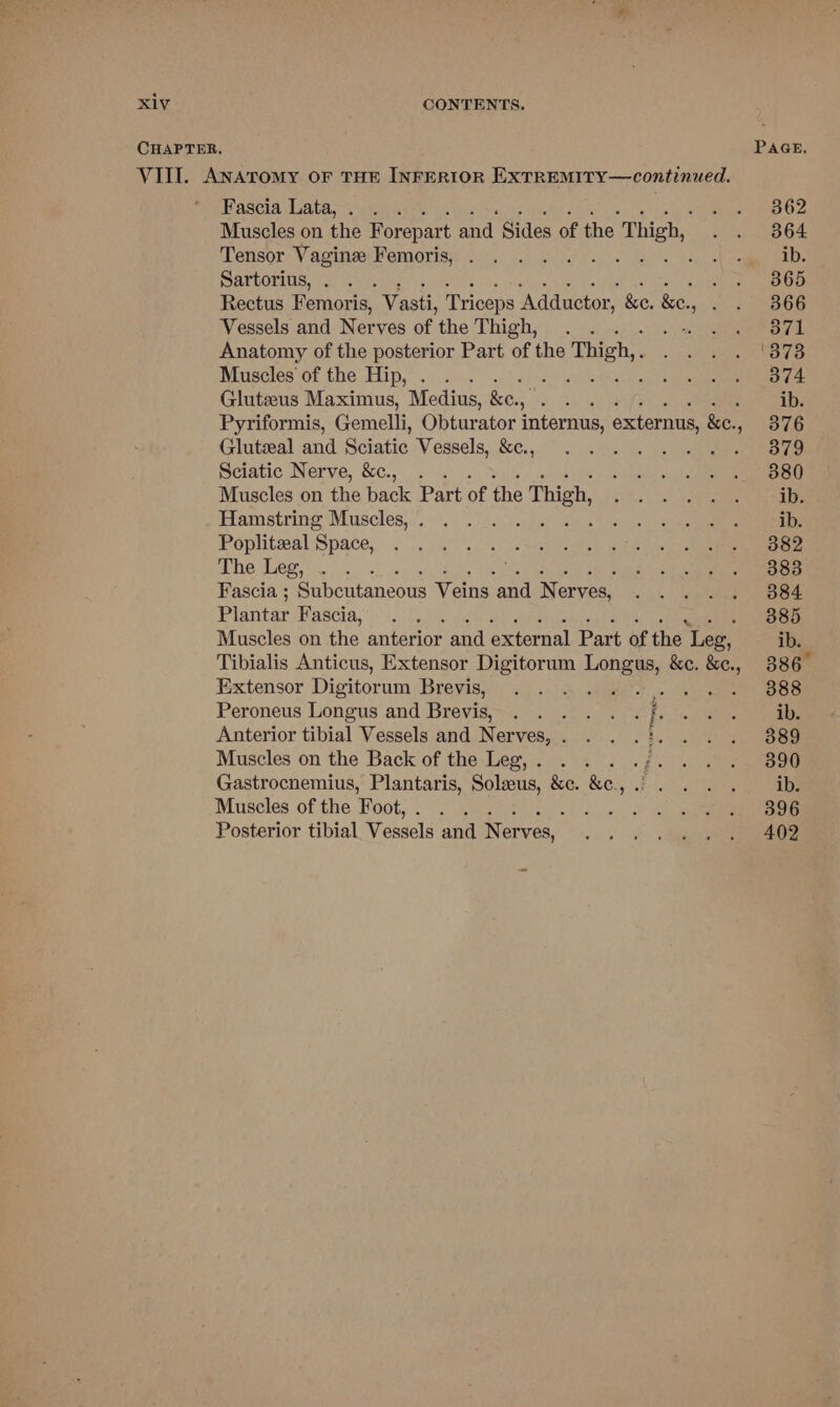 PAGE. CHAPTER. VIII. ANATOMY OF THE INFERIOR EXTREMITY—continued. ePascia Wata. 44 ic PBO2 Muscles on the Forepart and Sides of the Thigh, ae Oe Tensor Vagine Femoris, . . ...... i dt Nomeede ae Sartorius, . . . Ss DOD Rectus Femoris, Vasti, Triceps ‘Adductor, &amp;e, &amp;e., 2 BOs Vessels and Nerves of the Thigh, . . Mee ae od eG! Anatomy of the posterior Part of the Thigh, . 2) ahha EDR oad Muscles of the Hip, . . . Meu 22 | + aati a ee Gluteus Maximus, Medius, been. Nios ib. Pyriformis, Gemelli, Obturator internus, externus, &amp;e.. i,” bee Glutzal and Sciatic Vessels, &amp;.. . . ... .. . Oto Sciatic Nerve, &amp;c., . . «. vlishe pyle ak em a Muscles on the back Part of the ° Thigh, er, ee Hamstring Muscles,. . . ‘ys po ib. Poplitzal ‘Space, ogee ay ace Steals aie la of te li ite a TRESS FON Sera MS ee Fascia ; Subcutaneous Veins ‘and Nerves, oe og eee eo Plantar Fascia, +... 385 Muscles on the anterior and external Part of the Leg, ib. Tibialis Anticus, Extensor Digitorum Longus, &amp;c. &amp;c., 386 Kextensor Digitorum: Brevis, 4)... ets oe Peroneus Longus and Brevis... .. &lt;f, . .. ib Anterior tibial Vessels and Nerves, . eke el ee Muscles on the Back of the Leg,. . . wf. ho oe Gastrocnemius, Plantaris, Solus, &amp;c. &amp;e., Rah Muscles of the Foot,. . . + &amp; = ee Posterior tibial Vessels and Nerves, ere