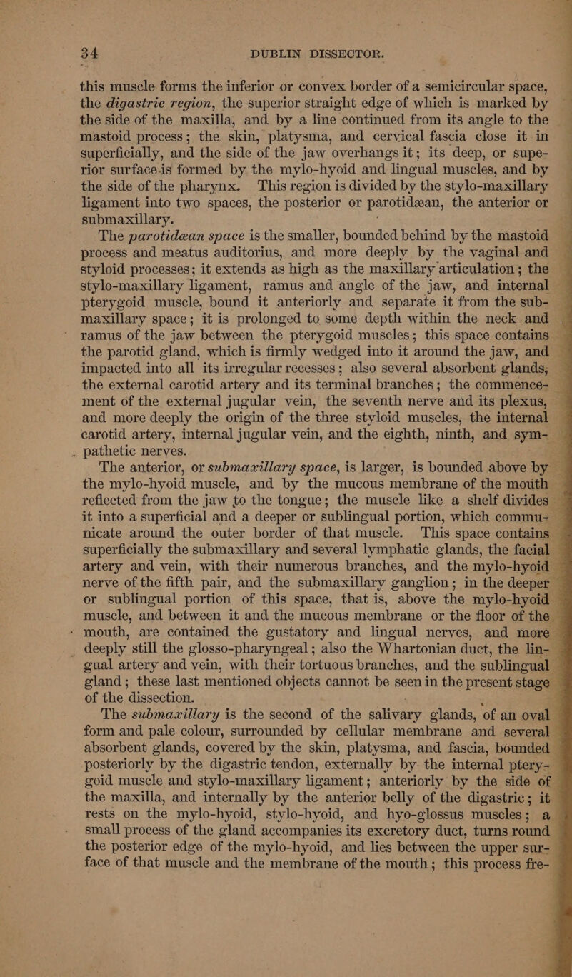 this muscle forms the inferior or convex border of a semicircular space, the digastric region, the superior straight edge of which is marked by the side of the maxilla, and by a line continued from its angle to the mastoid process; the skin, platysma, and cervical fascia close it in superficially, and the side of the jaw overhangs it; its deep, or supe- rior surface.is formed by the mylo-hyoid and lingual muscles, and by the side of the pharynx. This region is divided by the stylo-maxillary _ ligament into two spaces, the posterior or parotidgan, the anterior or submaxillary. The parotidean space is the smaller, bounded behind by the mastoid process and meatus auditorius, and more deeply by the vaginal and — styloid processes; it extends as high as the maxillary articulation ; the stylo-maxillary ligament, ramus and angle of the jaw, and internal — pterygoid muscle, bound it anteriorly and separate it from the sub- maxillary space; it is prolonged to some depth within the neck and ramus of the jaw between the pterygoid muscles; this space contains the parotid gland, which is firmly wedged into it around the jaw, and — impacted into all its irregular recesses; also several absorbent glands, — the external carotid artery and its terminal branches; the commence- ment of the external jugular vein, the seventh nerve and its plexus, and more deeply the origin of the three styloid muscles, the internal carotid artery, internal jugular vein, and the eighth, ninth, and sym- — . pathetic nerves. a The anterior, or submazillary space, is larger, is bounded above by ~ the mylo-hyoid muscle, and by the mucous membrane of the mouth — reflected from the jaw to the tongue; the muscle like a shelf divides — it into a superficial and a deeper or sublingual portion, which commu- — nicate around the outer border of that muscle. This space contains — superficially the submaxillary and several lymphatic glands, the facial — artery and vein, with their numerous branches, and the mylo-hyoid ~ nerve of the fifth pair, and the submaxillary ganglion; in the deeper — er sublingual portion of this space, that is, above the mylo-hyoid — muscle, and between it and the mucous membrane or the floor of the — - mouth, are contained the gustatory and lingual nerves, and more — : deeply still the glosso-pharyngeal ; also the Whartonian duct, the lin- — gual artery and vein, with their tortuous branches, and the sublingual gland; these last mentioned objects cannot be seen in the present stage — of the dissection. The submavillary is the second of the salivary glands, ‘of an oval | form and pale colour, surrounded by cellular membrane and several — absorbent glands, covered by the skin, platysma, and fascia, bounded posteriorly by the digastric tendon, externally by the internal ptery- goid muscle and stylo-maxillary ligament; anteriorly by the side of — the maxilla, and internally by the anterior belly of the digastric; it rests on the mylo-hyoid, stylo-hyoid, and hyo-glossus muscles; a — small process of the gland accompanies its excretory duct, turns round the posterior edge of the mylo-hyoid, and lies between the upper sur- — face of that muscle and the membrane of the mouth; this process fre-