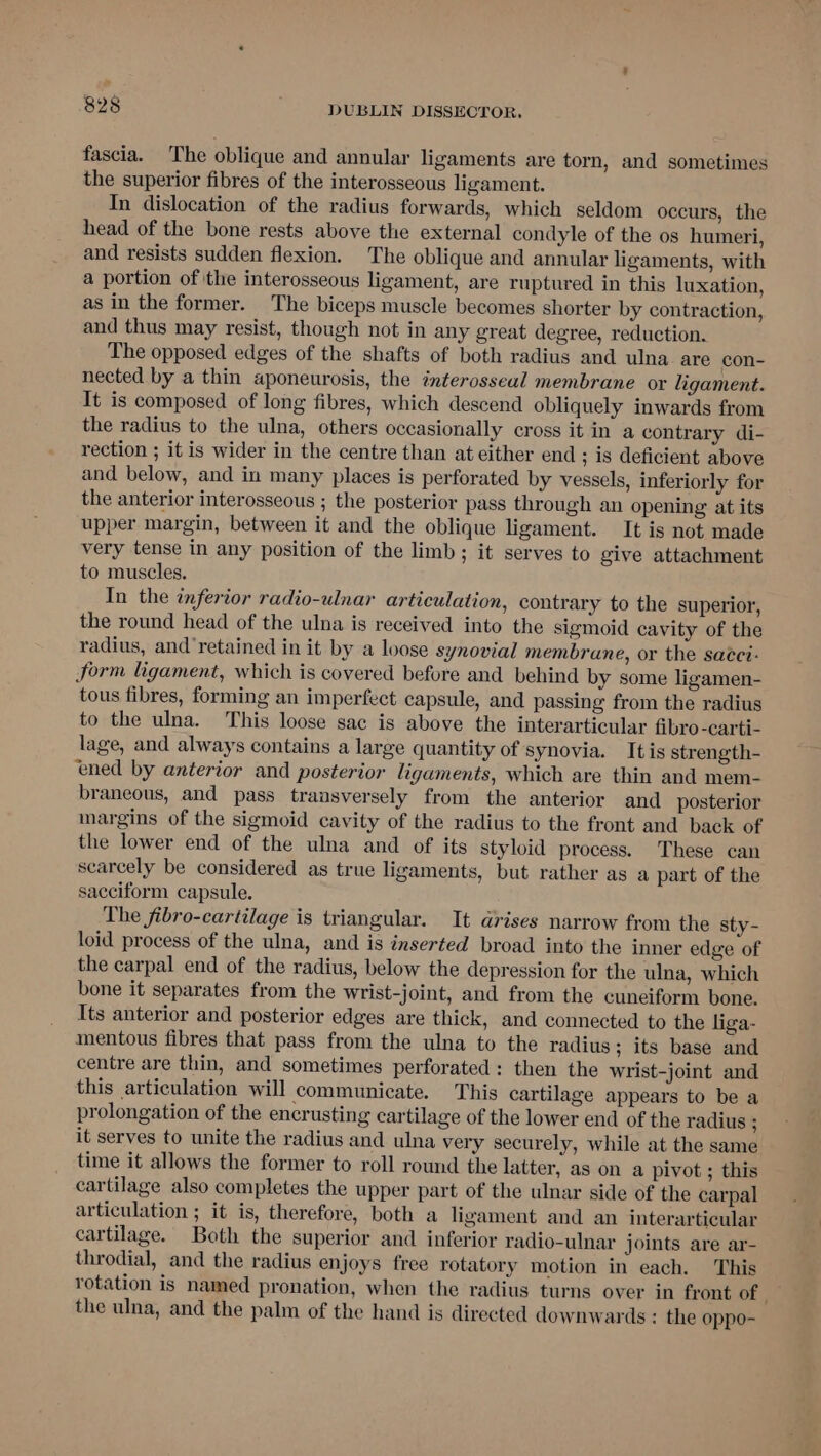 fascia. The oblique and annular ligaments are torn, and sometimes the superior fibres of the interosseous ligament. In dislocation of the radius forwards, which seldom occurs, the head of the bone rests above the external condyle of the os humeri, and resists sudden flexion. The oblique and annular ligaments, with a portion of the interosseous ligament, are ruptured in this luxation, as in the former. The biceps muscle becomes shorter by contraction, and thus may resist, though not in any great degree, reduction. The opposed edges of the shafts of both radius and ulna are con- nected by a thin aponeurosis, the interosseal membrane or ligament. It is composed of long fibres, which descend obliquely inwards from the radius to the ulna, others occasionally cross it in a contrary di- rection ; it is wider in the centre than at either end ; is deficient above and below, and in many places is perforated by vessels, inferiorly for the anterior interosseous ; the posterior pass through an opening at its upper margin, between it and the oblique ligament. It is not made very tense in any position of the limb; it serves to give attachment to muscles. In the inferior radio-ulnar articulation, contrary to the superior, the round head of the ulna is received into the sigmoid cavity of the radius, and'retained in it by a loose synovial membrane, or the sacei- form ligament, which is covered before and behind by some ligamen- tous fibres, forming an imperfect capsule, and passing from the radius to the ulna. This loose sac is above the interarticular fibro-carti- lage, and always contains a large quantity of synovia. Itis strength- ‘ened by anterior and posterior ligaments, which are thin and mem- braneous, and pass transversely from the anterior and posterior margins of the sigmoid cavity of the radius to the front and back of the lower end of the ulna and of its styloid process. These can scarcely be considered as true ligaments, but rather as a part of the sacciform capsule. The jibro-cartilage is triangular. It arises narrow from the sty- loid process of the ulna, and is inserted broad into the inner edge of the carpal end of the radius, below the depression for the ulna, which bone it separates from the wrist-joint, and from the cuneiform bone. Its anterior and posterior edges are thick, and connected to the liga- mentous fibres that pass from the ulna to the radius; its base and centre are thin, and sometimes perforated: then the wrist-joint and this articulation will communicate. This cartilage appears to be a prolongation of the encrusting cartilage of the lower end of the radius : it serves to unite the radius and ulna very securely, while at the same time it allows the former to roll round the latter, as on a pivot ; this cartilage also completes the upper part of the ulnar side of the carpal articulation ; it is, therefore, both a ligament and an interarticular cartilage. Both the superior and inferior radio-ulnar joints are ar- throdial, and the radius enjoys free rotatory motion in each. This rotation is named pronation, when the radius turns over in front of © the ulna, and the palm of the hand is directed downwards : the oppo-
