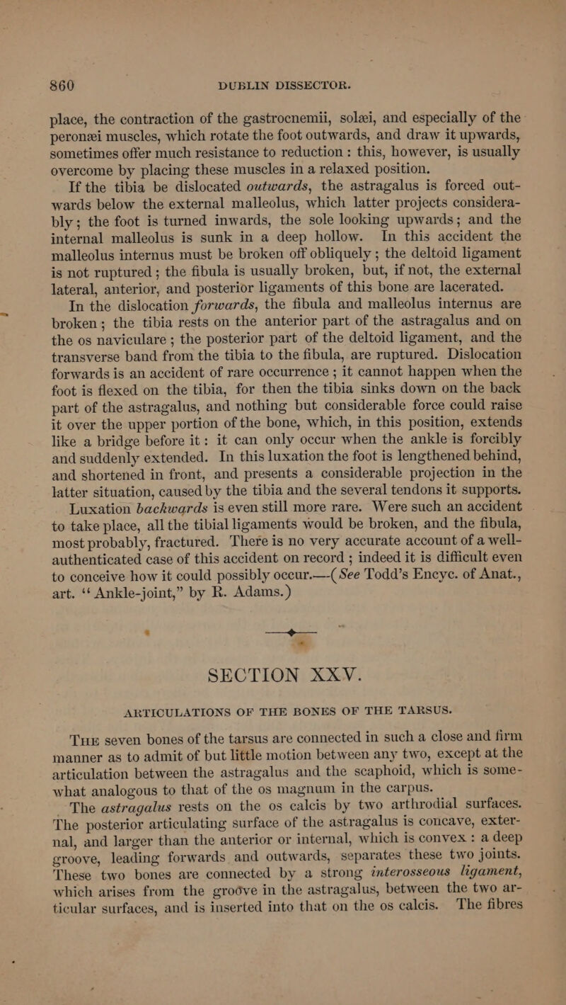 place, the contraction of the gastrocnemii, soli, and especially of the peronei muscles, which rotate the foot outwards, and draw it upwards, sometimes offer much resistance to reduction : this, however, is usually overcome by placing these muscles in a relaxed position. If the tibia be dislocated outwards, the astragalus is forced out- wards below the external malleolus, which latter projects considera- bly; the foot is turned inwards, the sole looking upwards; and the internal malleolus is sunk in a deep hollow. In this accident the malleolus internus must be broken off obliquely ; the deltoid ligament is not ruptured ; the fibula is usually broken, but, if not, the external lateral, anterior, and posterior ligaments of this bone are lacerated. In the dislocation forwards, the fibula and malleolus internus are broken; the tibia rests on the anterior part of the astragalus and on the os naviculare ; the posterior part of the deltoid ligament, and the transverse band from the tibia to the fibula, are ruptured. Dislocation forwards is an accident of rare occurrence ; it cannot happen when the foot is flexed on the tibia, for then the tibia sinks down on the back part of the astragalus, and nothing but considerable force could raise it over the upper portion of the bone, which, in this position, extends like a bridge before it: it can only occur when the ankle is forcibly and suddenly extended. In this luxation the foot is lengthened behind, and shortened in front, and presents a considerable projection in the latter situation, caused by the tibia and the several tendons it supports. Luxation backwards is even still more rare. Were such an accident to take place, all the tibial ligaments would be broken, and the fibula, most probably, fractured. There is no very accurate account of a well- authenticated case of this accident on record ; indeed it is difficult even to conceive how it could possibly occur.—-( See Todd’s Encye. of Anat., art. ‘¢ Ankle-joint,” by R. Adams.) * —— eee . SECTION XXV. ARTICULATIONS OF THE BONES OF THE TARSUS. Tu seven bones of the tarsus are connected in such a close and firm manner as to admit of but little motion between any two, except at the articulation between the astragalus and the scaphoid, which is some- what analogous to that of the os magnum in the carpus. _ The astragalus rests on the os calcis by two arthrodial surfaces. The posterior articulating surface of the astragalus is concave, exter- nal, and larger than the anterior or internal, which is convex : a deep groove, leading forwards and outwards, separates these two joints. These two bones are connected by a strong interosseous ligament, which arises from the grodve in the astragalus, between the two ar- ticular surfaces, and is inserted into that on the os calcis. The fibres