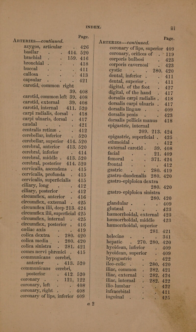 azygos, articular basilar brachial bronchial . buccal callosa capsular : carotid, common right 39. carotid, common left 39, carotid, external 39. carotid, internal 411. carpi radialis, dorsal . carpi ulnaris, dorsal caudal centralis retine . cerebellar, inferior 414. 159. cerebral, anterior 413, cerebral, inferior : cerebral, middle . 413. cervicalis, ascendens cervicalis, profunda cervicalis, superficialis ciliary, long ciliary, posterior circumflex, anterior circumflex, external Page. 426 520 416 418 411 421 408 408 408 520 418 417 421 412 520 520 520 414 520 520 415 415 415 412 416 425 424 circumflex, internal ~ circumflex, posterior celiac axis colica dextra 280. colica media _ 280. colica sinistra 281. comes nervi phrenici communicans cerebri, anterior 413. communicans cerebri, posterior 412. coronary 121, coronary, left : coronary, right 425 416 419 420 420 421 415 a2 iii Page. coronary, orifices of corporis bulbosi corporis cavernosi’ cystic dental, inferior dental, superior . digital, of the foot digital, of the hand dorsalis carpi radialis . dorsalis carpi ulnaris . dorsalis ling use dorsalis penis dorsalis pollicis manus epigastric, internal 209. 213: epigastric, superficial . external carotid . facial femoral frontal gastric gastro- epiploica sinistra glandular . gluteal hemorrhoidal, external hemorrhoidal, middle hemorrhoidal, superior 281. helecine ; : hepatic 270. 280. hycidean, inferior hyoidean, superior hypogastric ileo-colic 280 iliac, common 282. iliac, external 282 iliac, internal 282 ilio-Jumbar: <<.) Sg infraorbital > inguinal . 423 423 420 411 411 427 417 418 417 409 423 418 424 425