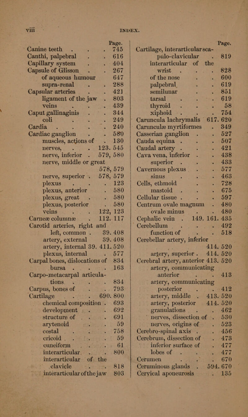 Page. Page Canine teeth . 745 | Cartilage, interarticularsca- Canthi, palpebral 616 pulo-clavicular 819 Capillary system 404 interarticular of the Capsule of Glisson 267 wrist 828 of aqueous humour 647 of the nose 600 supra-renal 288 palpebral. 619 Capsular arteries : 42] semilunar 851 ligament of the jaw 803 tarsal 619 veins : . 439 thyroid 58 Caput gallinaginis 344 xiphoid 754 coli : 249 Caruncula lachrymalis ° 617. 620 Cardia 240 Caruncule myrtiformes 349 Cardiac ganglion 580 | Casserian ganglion 527 muscles, actionsof . 130 Cauda equina 507 nerves, 123. 545 Caudal artery . 421 nerve, inferior 579, 580 Cava vena, inferior 438 nerve, middle or great superior 433 578, 579 Cavernous plexus 577 nerve, superior . 578, 579 sinus 463 plexus ; a 2s Cells, ethmoid 728 plexus, anterior 580 mastoid 675 plexus, great 580 Cellular tissue . 597 plexus, posterior . 580 Centrum ovale magnum 480 veins 122, 123 ovale minus ; - 480 Carnez columne LIZ i127 Cephalic vein 149. 161. 435 Carotid arteries, right and Cerebellum : 492 left, common. 39.408 function of 518 artery, external 39. 408 Cerebellar artery, inferior artery, internal 39, 411. 520 , 414, 520 plexus, internal 577 artery, superior. 414. 520 Carpal bones, dislocations of 834 Cerebral artery, anterior 413. 520 bursa : 163 artery, communicating Carpo-metacarpal articula- anterior 413 tions 834 artery, communicating Carpus, bones of t GAS posterior 412 ‘Cartilage 690. 800 artery, middle 413. 520 chemical composition - 693 artery, posterior 414. 520 development 692 granulations 462 structure of 691 ’ nerves, dissection of . 530 arytenoid 59 nerves, origins of 523 costal 758 Cerebro-spinal axis 456 cricoid 59 Cerebrum, dissection of 47 cuneiform 61 inferior surface of 477 interarticular. . . 800 lobes of 477 interarticular of. the Cerumen . 670 clavicle aon 818 Ceruminous glands 094. 670 interarticularofthejaw 803 Cervical aponeurosis 135