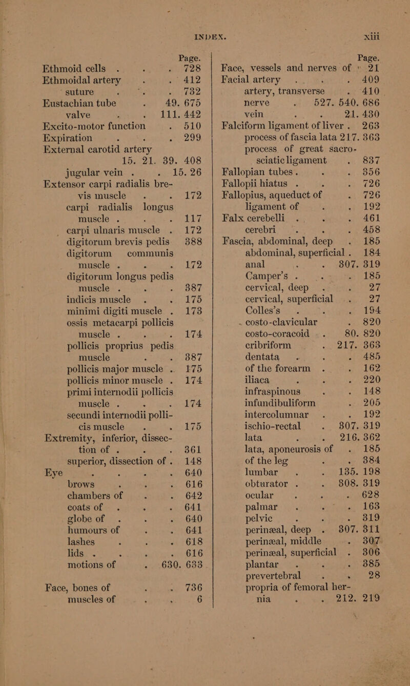 Ethmoid cells 2ig2s Ethmoidal artery . 412 suture KT hae Eustachian tube 49. 675 valve UO ay Excito-motor function 510 Expiration 299 External carotid artery, 15. 21. 39. 408 jugular vein . 15. 26 Extensor carpi radialis bre- vis muscle. “oh E72 carpi radialis longus muscle . 117 _ carpi ulnaris muscle 172 digitorum brevis pedis 3888 digitorum communis muscle . 172 digitorum longus pedis muscle . st BOT indicis muscle 175 minimi digiti muscle . 173 ossis metacarpi pollicis muscle . 174 pollicis proprius pedis muscle «yp 087 pollicis major muscle .. 175 pollicis minor muscle . 174 primi internodii pollicis muscle . 174 secundi internodii polli- cismuscle . wiyadb Extremity, inferior, dissec- tion of . “ 361 superior, dissection of . 148 Eye : 640 chambers of 642 coats of 641 globe of 640 humours of 641 lashes 618 lids . - 616 motions of 630. 633 Face, bones of 736 muscles of i ‘ 6 xiii Face, vessels and nerves of » 21 Facial artery 409 artery, transverse - 410, nerve 527. 540. 686 vein : 21. 430 Falciform ligament of liver. 263 process of great sacro- sciatic ligament 837 Fallopian tubes . 356 Fallopii hiatus . 726 Fallopius, aqueduct of 726 ligament of 192 Falx cerebelli 461 cerebri 458 Fascia, abdominal, deep 185 abdominal, superficial . 184 anal 307. 319 Camper’s . 185 cervical, deep 27 cervical, superficial 27 Colles’s ; 194 . costo-clavicular -- 820 costo-coracoid 80. 820 cribriform 217. 363 dentata . : - 485 of the forearm 162 iliaca 220 infraspinous 148 infundibuliform 205 intercolumnar a, 192 ischio-rectal 807. 319 lata 216. 362 lata, aponeurosis of 185 of the leg . 384 lumbar 135. 198 ocular 628 palmar 163 pelvic = Delage perineal, deep 307. 311 perineal, middle 307. perineal, superficial 306 plantar 385 prevertebral » 28 propria of femoral her- nia 212. 219 363