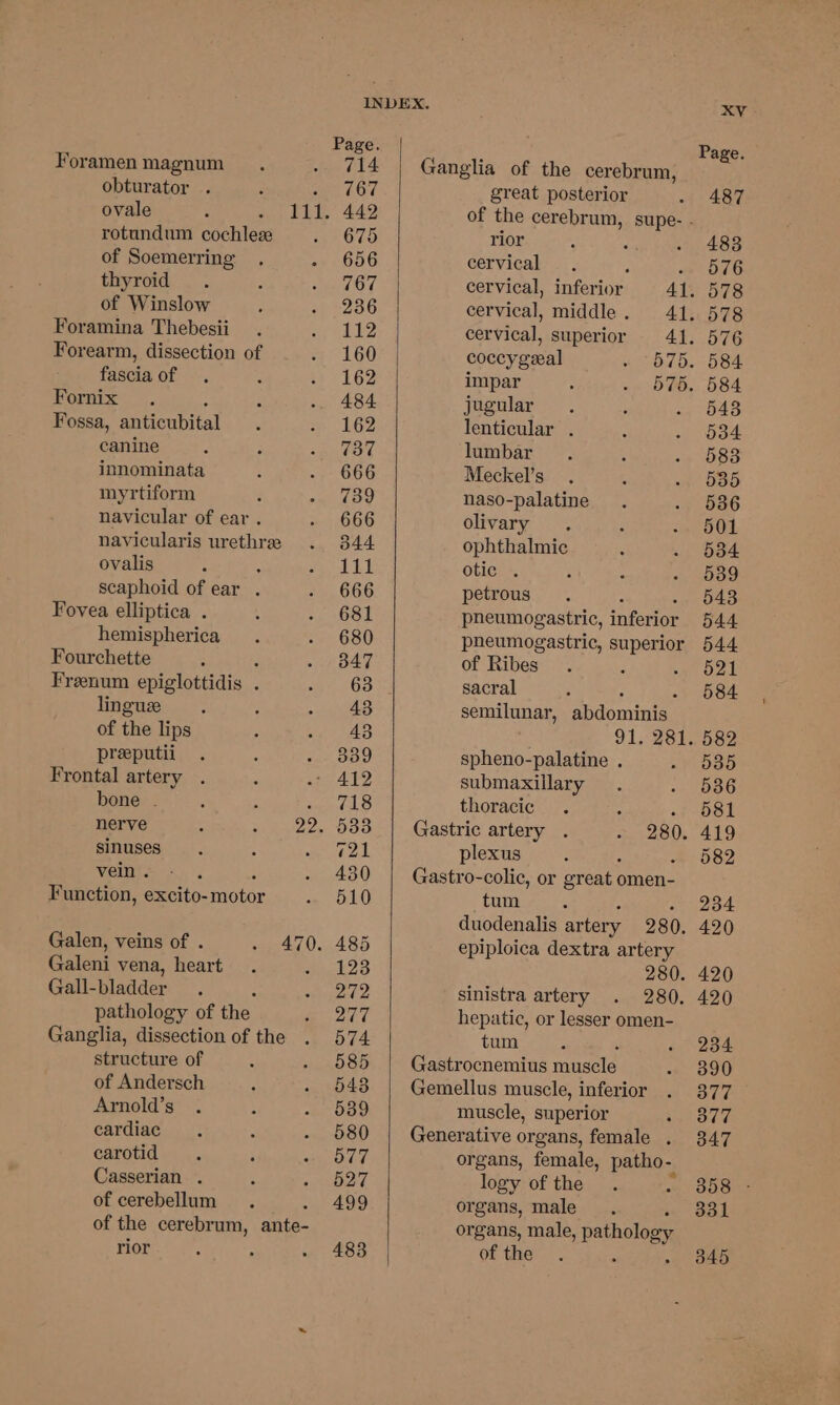 Foramen magnum obturator . ovale : rotundum cochlesz of Soemerring thyroid of Winslow Foramina Thebesii Forearm, dissection of fascia of Fornix Fossa, anticubital canine innominata myrtiform navicular of ear . navicularis urethre ovalis scaphoid of ear Fovea elliptica . hemispherica Fourchette ‘ Frenum epiglottidis . lingue . of the lips preeputii Frontal artery . bone . sinuses vein . Function, excito- miae Galen, veins of . Galeni vena, heart Gall- bladder pathology of the Ganglia, dissection of the structure of of Andersch Arnold’s cardiac carotid Casserian . of cerebellum ; of the cerebrum, ante- rior 714 767 442 675 656 767 236 112 160 162 484 162 737 666 739 666 XV Page. Ganglia of the cerebrum, great posterior 487 of the cerebrum, supe- - rior . 483 cervical ; ov O76 cervical, inferior 41. 578 cervical, middle. 41. 578 cervical, superior 41. 576 coccygeal 575. 584 impar : - 575. 584 jugular 543 lenticular . 034 lumbar 583 Meckel’s 53 naso-palatine 536 olivary 501 ophthalmic 534 otic . 539 petrous 543 pheumogastric, inferior 544 pheumogastric, superior 544 of Ribes 521 sacral 584 semilunar, abdominis 91. 281. 582 spheno-palatine . 535 submaxillary 536 thoracic af DSL Gastric artery . 280. 419 plexus 582 Gastro-colic, or wreat omen- tum : 234 duodenalis artery 280, 420 epiploica dextra artery 280. 420 sinistra artery 280. 420 hepatic, or lesser omen- tum 234 Gastrocnemius muscle 390 Gemellus muscle, inferior 377 muscle, superior 377 Generative organs, female . 347 organs, female, patho- logy of the 358 organs, male 331 organs, male, pathology of the