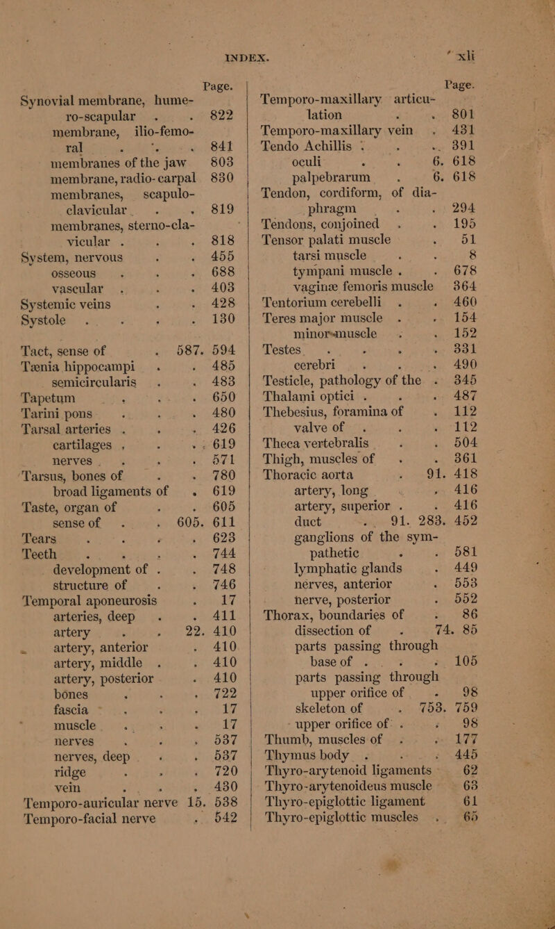 Synovial membrane, hume- ro-scapular membrane, ilio- femo- ral . membranes of the jaw. membrane, radio- carpal membranes, scapulo- clavicular membranes, sterno- clac vicular . System, nervous osseous vascular Systemic veins Systole Tenia hippocampi semicircularis Tapetum Tarini pons Tarsal arteries . cartilages , nerves | Tarsus, bones of broad ligaments of . Taste, organ of Tears Teeth ‘ development of structure of Temporal aponeurosis arteries, deep . artery, anterior artery, middle artery, posterior bones fascia muscle nerves nerves, deep ridge vein Temporo-auricular nerve 15. Temporo-facial nerve INDEX. xii Page. Page. Temporo-maxillary articu- . 822 lation 801 Temporo-maxillary vein 431 841 Tendo Achillis * wy OO 803 oculi : ‘ 6. 618 830 palpebrarum 6. 618 Tendon, cordiform, of dia- 819 phragm 294 *| Tendons, conjoined 195 818 Tensor palati muscle 51 455 tarsi muscle 8 688 tympani muscle . 678 403 vagine femoris muscle 364 428 Tentorium cerebelli 460 130 Teres major muscle 154 minorsmuscle 152 594 | Testes 331 485 cerebri : . 490 483 Testicle, pathology of the . 345 650 Thalami optici . . 487 480 Thebesius, foramina of 413 426 valve of 112 619 | Theca vertebralis 504 571 | Thigh, muscles of 361 780 Thoracic aorta > oe Oy 418 619 artery, long 416 605 artery, superior . . 416 611 duct 91. 283. 452 623 ganglions of the sym- 744 pathetic F a DSL 748 lymphatic glands 449 746 nerves, anterior 553 17 herve, posterior 552 411 Thorax, boundaries of 86 410 dissection of 74. 85 410 parts passing through 410 base of . 105 410 parts passing thr ough 722 upper orifice of a itv skeleton of . 753. 759 Bz - upper orifice of: . 98 587 Thumb, muscles of 177 537 | Thymusbody . : » 445 720 | Thyro-arytenoid ligaments» 62 430 | Thyro-arytenoideus muscle 63 538 | Thyro-epiglottic ligament 61 542 | Thyro-epiglottic muscles 65 Zz