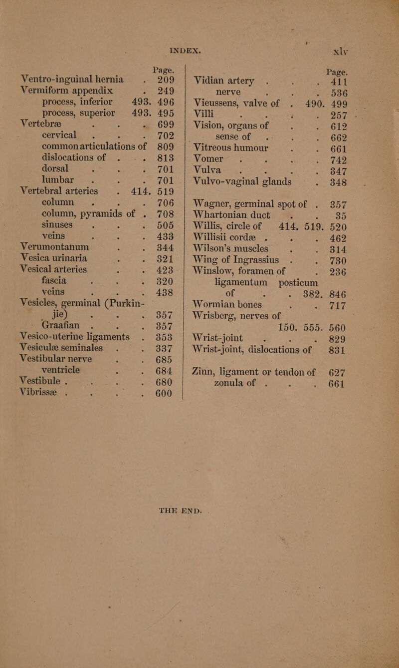 Ventro-inguinal hernia Vermiform appendix Vertebree : : F cervical common ar tenlations of dislocations of dorsal lumbar column . column, pyramids of . sinuses veins Verumontanum Vesica urinaria Vesical arteries fascia veins , Vesicles, germinal (Purkin- jie) Graafian 4 Vesico-uterine ligaments Vesicule seminales ventricle Vestibule . Vibrisse . 209 | Vidian artery 249 nerve : : 496 | Vieussens, valve of . 490. 495 | Villi 699 | Vision, organs of 702 sense of 809 Vitreous humour 813 Vomer 701 Vulva 701 | Vulvo-vaginal glands 519 706 | Wagner, germinal spot of . 708 Whartonian duct : : 505 | Willis, circleof 414. 519. 433 | Willisii corde . : 344 | Wilson’s muscles 521 | Wing of Ingrassius 423 | Winslow, foramen of 320 ligamentum posticum 438 of : ° aeaes Wormian bones 357 | Wrisberg, nerves of 357 150. 555. 353 Wrist-joint 337 | Wrist-joint, dislocations of 684 | Zinn, ligament or tendon of 680 zonula of 600 THE END. 742 357 236 846 717 560 829 831 627 661 ail
