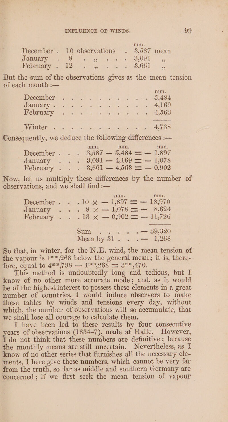 mm. December . 10 observations . 3,587 mean OMUCG Et AOU EC ete OO L . y, Pebeter a Be. eg ts ae i BCL, But the sum of the observations gives as the mean tension of each month :— mn. Deemer eyed mean. 4. 5) Se se ee DPR ce ile fe Oe) G8 ap Ms a pO Ietmmaty 0 es 6. hh ee. oes REG Wc” &lt;5 5. oicig Skee beeen, uae aS Consequently, we deduce the following differences :— mm. mm. mm. December. . . 3,587 — 5,484 = — 1,897 January . . . 3,091 — 4,169 = — 1,078 February . . . 3,661 — 4,563 = — 0,902 Now, let us multiply these differences by the number of observations, and we shall find :— mm. mm. December. . .10 X — 1,897 = — 18,970 January . . .8 x —1,078=— 8,624 February . . .13 x — 0,902 = — 11,726 SMM) ise Ser we BD,320 Mean by 31. . .— 1,268 So that, in winter, for the N.E. wind, the mean tension of the vapour is 1™,268 below the general mean; it is, there- fore, equal to 4™™,738 — 1™™,268 = 3™™,470. This method is undoubtedly long and tedious, but I know of no other more accurate mode; and, as it would be of the highest interest to possess these elements in a great number of countries, I would induce observers to make these tables by winds and tensions every day, without which, the number of observations will so accumulate, that we shall lose all courage to calculate them. ; I have been led to these results by four consecutive years of observations (1834-7), made at Halle. However, Ido not think that these numbers are definitive ; because the monthly means are still uncertain. Nevertheless, as [ know of no other series that furnishes all the necessary ele- ments, I here give these numbers, which cannot be very far from the truth, so far as middle and southern Germany are concerned; if we first seek the mean tension of vapour