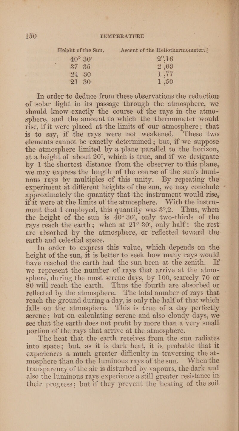 Height of the Sun, Ascent of the Heliothermometer.7 40° 30° 2°,16 | 37 35 2 ,03 24 30 1 WV 21 30 1 ,50 In order to deduce from these observations the reduction of solar light in its passage through the atmosphere, we should know exactly the course of the rays in the atmo- sphere, and the amount to which the thermometer would rise, if it were placed at the limits of our atmosphere; that is to say, if the rays were not weakened. ‘These two elements cannot be exactly determimed; but, if we suppose the atmosphere limited by a plane parallel to the horizon, at a height of about 20°, which is true, and if we designate by 1 the shortest distance from the observer to this plane, we may express the length of the course of the sun’s lumi- nous rays by multiples of this unity. By repeating the experiment at different heights of the sun, we may conclude approximately the quantity that the instrument would rise, if it were at the limits of the atmosphere. With the instru- ment that I employed, this quantity was 3°,2. Thus, when the height of the sun is 40°30’, only two-thirds of the earth and celestial space. In order to express this value, which depends on the height of the sun, it is better to seek how many rays would have reached the earth had the sun been at the zenith. If we represent the number of rays that arrive at the atmo-= sphere, during the most serene days, by 100, scarcely 70 or 80 will reach the earth. Thus the fourth are absorbed or reflected by the atmosphere. The total number of rays that reach the ground during a day, is only the half of that which falls on the atmosphere. This is true of a day perfectly serene; but on calculating serene and also cloudy days, we see that the earth does not profit by more than a very small portion of the rays that arrive at the atmosphere. The heat that the earth receives from the sun radiates into space; but, as it is dark heat, it is probable that it experiences a much greater difficulty in traversing the at- mosphere than do the luminous rays of thesun. When the transparency of the air is disturbed by vapours, the dark and also the luminous rays experience a still greater resistance 1n their progress; but if they prevent the heating of the soil.