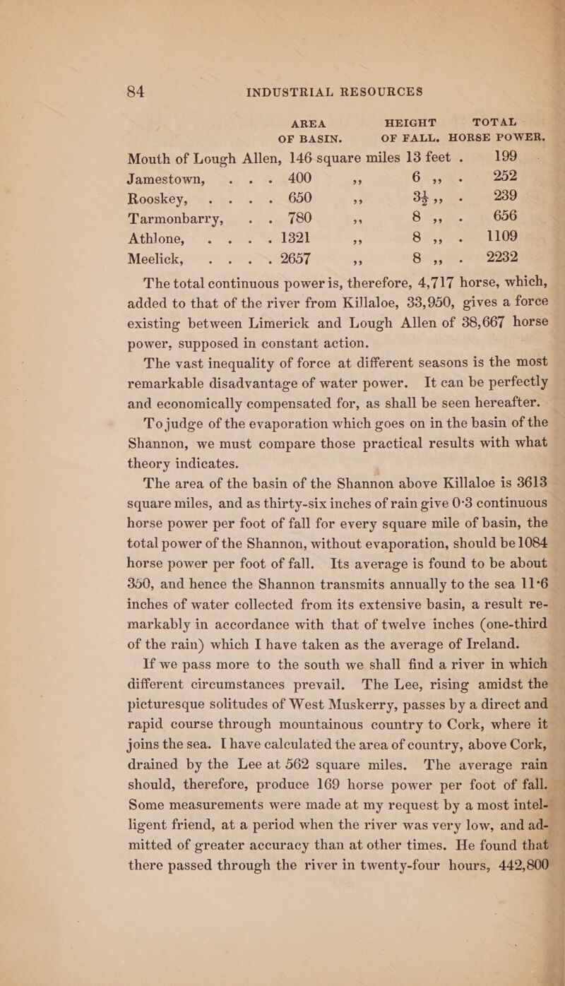 AREA HEIGHT TOTAL - OF BASIN. OF FALL. HORSE POWER. Mouth of Lough Allen, 146 square miles 13 feet . 199 Jamestown, .. . 400 ve Gi, es D252, RGOSKCY hss? ooh 00 5 345, - 239 Tarmonbarry, . . 780 A Sie, 656 ATHLONG, &amp; os See. Ue LOOk 7a S.ng5 tee Meeliek, °~ o— 32&gt; 39%. °2657 ‘3 Be 2282 The total continuous power is, therefore, 4,717 horse, which, added to that of the river from Killaloe, 33,950, gives a force existing between Limerick and Lough Allen of 38,667 horse power, supposed in constant action. The vast inequality of force at different seasons is the most remarkable disadvantage of water power. It can be perfectly and economically compensated for, as shall be seen hereafter. To judge of the evaporation which goes on in the basin of the Shannon, we must compare those practical results with what theory indicates. The area of the basin of the Shannon above Killaloe is 3613 square miles, and as thirty-six inches of rain give 0-3 continuous horse power per foot of fall for every square mile of basin, the total power of the Shannon, without evaporation, should be 1084 horse power per foot of fall. Its average is found to be about 350, and hence the Shannon transmits annually to the sea 11°6 inches of water collected from its extensive basin, a result re- markably in accordance with that of twelve inches (one-third of the rain) which I have taken as the average of Ireland. If we pass more to the south we shall find a river in which different circumstances. prevail. The Lee, rising amidst the picturesque solitudes of West Muskerry, passes by a direct and rapid course through mountainous country to Cork, where it joins the sea. [have calculated the area of country, above Cork, drained by the Lee at 562 square miles. The average rain should, therefore, produce 169 horse power per foot of fall. Some measurements were made at my request by a most intel-— q ligent friend, at a period when the river was very low, and ad- | mitted of greater accuracy than at other times. He found that . there passed through the river in twenty-four hours, 442,800