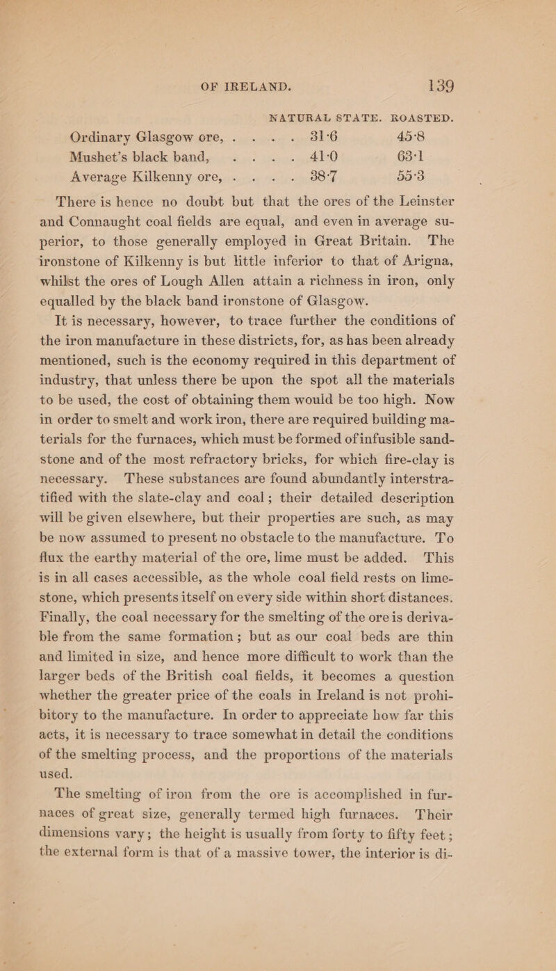 NATURAL STATE. ROASTED. Ordinary Glasgow ore,. . . . 316 45°8 Mushet’s black band, .. . . 41:0 63:1 Average Kilkenny ore, . . . . 88°7 55°3 There is hence no doubt but that the ores of the Leinster and Connaught coal fields are equal, and even in average su- perior, to those generally employed in Great Britain. The ironstone of Kilkenny is but little inferior to that of Arigna, whilst the ores of Lough Allen attain a richness in iron, only equalled by the black band ironstone of Glasgow. It is necessary, however, to trace further the conditions of the iron manufacture in these districts, for, as has been already mentioned, such is the economy required in this department of industry, that unless there be upon the spot all the materials to be used, the cost of obtaining them would be too high. Now in order to smelt and work iron, there are required building ma- terials for the furnaces, which must be formed of infusible sand- stone and of the most refractory bricks, for which fire-clay is necessary. These substances are found abundantly interstra- tified with the slate-clay and coal; their detailed description will be given elsewhere, but their properties are such, as may be now assumed to present no obstacle to the manufacture. To flux the earthy material of the ore, lime must be added. This is in all cases accessible, as the whole coal field rests on lime- stone, which presents itself on every side within short distances. Finally, the coal necessary for the smelting of the ore is deriva- ble from the same formation; but as our coal beds are thin and limited in size, and hence more difficult to work than the larger beds of the British coal fields, it becomes a question whether the greater price of the coals in Ireland is not prohi- bitory to the manufacture. In order to appreciate how far this acts, it is necessary to trace somewhat in detail the conditions of the smelting process, and the proportions of the materials used. The smelting of iron from the ore is accomplished in fur- naces of great size, generally termed high furnaces. Their dimensions vary; the height is usually from forty to fifty feet ; the external form is that of a massive tower, the interior is di-