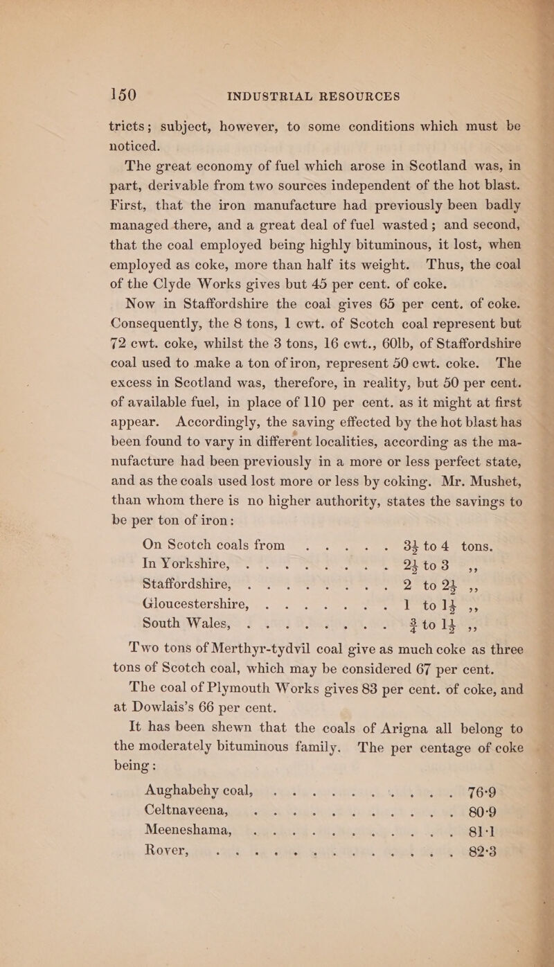 tricts; subject, however, to some conditions which must be noticed. The great economy of fuel which arose in Scotland was, in part, derivable from two sources independent of the hot blast. First, that the iron manufacture had previously been badly managed there, and a great deal of fuel wasted; and second, that the coal employed being highly bituminous, it lost, when employed as coke, more than half its weight. Thus, the coal of the Clyde Works gives but 45 per cent. of coke. Now in Staffordshire the coal gives 65 per cent. of coke. Consequently, the 8 tons, 1 cwt. of Scotch coal represent but 72 ewt. coke, whilst the 3 tons, 16 ewt., 60l1b, of Staffordshire coal used to make a ton of iron, represent 50 cwt. coke. The excess in Scotland was, therefore, in reality, but 50 per cent. of available fuel, in place of 110 per cent. as it might at first appear. Accordingly, the saving effected by the hot blast has been found to vary in different localities, according as the ma- nufacture had been previously in a more or less perfect state, and as the coals used lost more or less by coking. Mr. Mushet, than whom there is no higher authority, states the savings to be per ton of iron: On Scotch coals from . . . . . 84to4 tons. In Yorkshire, s » ae LOL ys mealrordsiie; =”, 2% a) eae ee Ee 24 ,, Gloucestershire, °.-¢ ©. 9.2) ane ene li ,, South Wales,9 6 290) 0. es St RG, Two tons of Merthyr-tydvil coal give as much coke as three tons of Scotch coal, which may be considered 67 per cent. The coal of Plymouth Works gives 88 per cent. of coke, and at Dowlais’s 66 per cent. It has been shewn that the coals of Arigna all belong to the moderately bituminous family. The per centage of coke being : Atghabebycoal,scit untiy oda cous. aidk teeny Gee Celtnaveena, CHASE. Sitka sha: igh Cee eee Meeneshamaie bates heitt i Mik ius oreeierey Ravers seh. hae Hae eialkabien. aoudk Gialeceeeeg