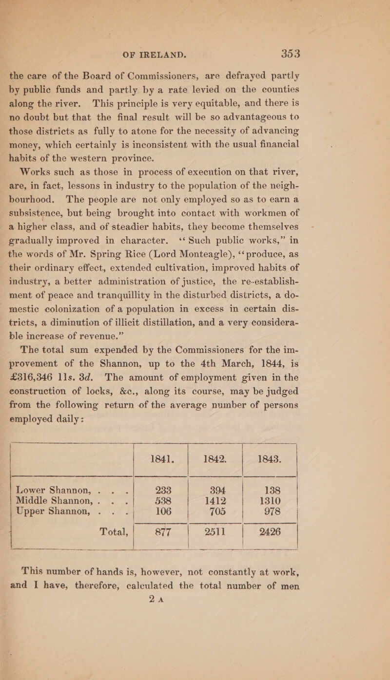 the care of the Board of Commissioners, are defrayed partly by public funds and partly by a rate levied on the counties along the river. This principle is very equitable, and there is no doubt but that the final result will be so advantageous to those districts as fully to atone for the necessity of advancing money, which certainly is inconsistent with the usual financial habits of the western province. Works such as those in process of execution on that river, are, in fact, lessons in industry to the population of the neigh- bourhood. The people are not only employed so as to earn a subsistence, but being brought into contact with workmen of a higher class, and of steadier habits, they become themselves gradually improved in character. ‘‘ Such public works,” in the words of Mr. Spring Rice (Lord Monteagle), ‘‘ produce, as their ordinary effect, extended cultivation, improved habits of industry, a better administration of justice, the re-establish- ment of peace and tranquillity in the disturbed districts, a do- mestic colonization of a population in excess in certain dis- tricts, a diminution of illicit distillation, and a very considera- ble increase of revenue.” The total sum expended by the Commissioners for the im- provement of the Shannon, up to the 4th March, 1844, is £316,346 lls. 3d. The amount of employment given in the eonstruction of locks, &amp;c., along its course, may be judged from the following return of the average number of persons employed daily: 1841, 1842. | 1843. Lower Shannon, . . . 233 394. 138 Middle Shannon,. . . 538 1412 1310 Upper Shannon, . . . 106 705 978 Total,| 877 | 511 | 246 | po aac she Ee This number of hands is, however, not constantly at work, and I have, therefore, calculated the total number of men 2A