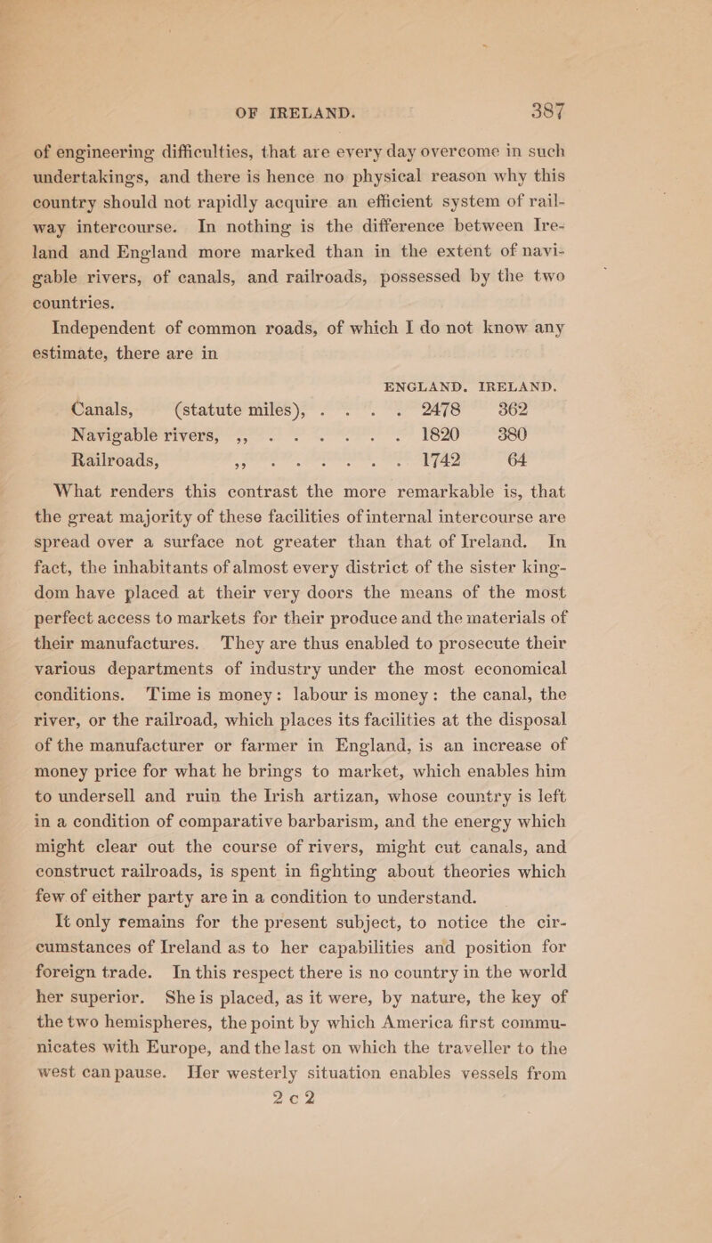 of engineering difficulties, that are every day overcome in such undertakings, and there is hence no physical reason why this country should not rapidly acquire an efficient system of rail- way intercourse. In nothing is the difference between Ire- land and England more marked than in the extent of navi- gable rivers, of canals, and railroads, possessed by the two countries. Independent of common roads, of which I do not know any estimate, there are in ENGLAND. IRELAND. Canals, (statute miles), . . . . 2478 362 Warivable rivers, 3, 2. 2° Pr 1820 380 Railroads, (eee, eee: eA 64 What renders this contrast the more remarkable is, that the great majority of these facilities ofinternal intercourse are spread over a surface not greater than that of Ireland. In fact, the inhabitants of almost every district of the sister king- dom have placed at their very doors the means of the most perfect access to markets for their produce and the materials of their manufactures. They are thus enabled to prosecute their various departments of industry under the most economical conditions. ‘Time is money: labour is money: the canal, the river, or the railroad, which places its facilities at the disposal of the manufacturer or farmer in England, is an increase of money price for what he brings to market, which enables him to undersell and ruin the Irish artizan, whose country is left in a condition of comparative barbarism, and the energy which might clear out the course of rivers, might cut canals, and construct railroads, is spent in fighting about theories which few of either party are in a condition to understand. It only remains for the present subject, to notice the cir- cumstances of Ireland as to her capabilities and position for foreign trade. In this respect there is no country in the world her superior. She is placed, as it were, by nature, the key of the two hemispheres, the point by which America first commu- nicates with Europe, and the last on which the traveller to the west canpause. Jler westerly situation enables vessels from 2c2