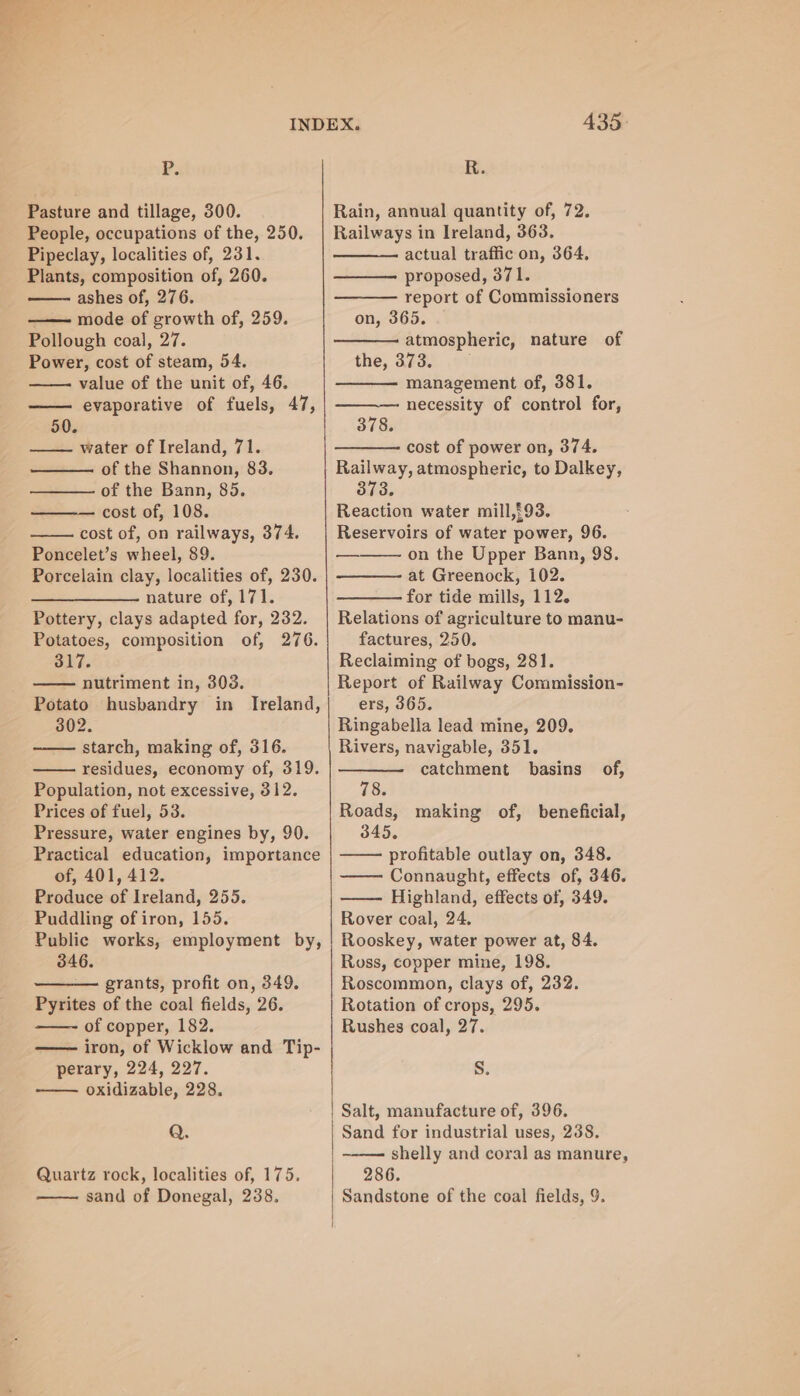 Ps Pasture and tillage, 300. People, occupations of the, 250. Pipeclay, localities of, 231. Plants, composition of, 260. ashes of, 276. mode of growth of, 259. Pollough coal, 27. Power, cost of steam, 54. value of the unit of, 46. evaporative of fuels, 47, 50. water of Ireland, 71. of the Shannon, 83. of the Bann, 85. cost of, 108. cost of, on railways, 374. Poncelet’s wheel, 89. Porcelain clay, localities of, 230. nature of, 171. Pottery, clays adapted for, 232. Potatoes, composition of, 276. 317. nutriment in, 303. Potato husbandry in Ireland, 302. starch, making of, 316. residues, economy of, 319. Population, not excessive, 312. Prices of fuel, 53. Pressure, water engines by, 90. Practical education, importance of, 401, 412. Produce of Ireland, 255. Puddling of iron, 155. Public works, employment by, 346. grants, profit on, 349. Pyrites of the coal fields, 26. of copper, 182. iron, of Wicklow and Tip- perary, 224, 227. oxidizable, 228. Q. Quartz rock, localities of, 175. sand of Donegal, 238. { | 435. R. Rain, annual quantity of, 72. Railways in Ireland, 363. actual traffic on, 364, proposed, 371. report of Commissioners on, 365. atmospheric, nature of the, 373. management of, 381. necessity of control for, 378. cost of power on, 374. Railway, atmospheric, to Dalkey, Reaction water mill,£93. Reservoirs of water power, 96. on the Upper Bann, 98. at Greenock, 102. for tide mills, 112. Relations of agriculture to manu- factures, 250. Reclaiming of bogs, 281. Report of Railway Commission- ers, 365. Ringabella lead mine, 209. Rivers, navigable, 351. catchment basins of, 78. Roads, making of, beneficial, 345. profitable outlay on, 348. Connaught, effects of, 346. Highland, effects of, 349. Rover coal, 24. Rooskey, water power at, 84. Ross, copper mine, 198. Roscommon, clays of, 232. Rotation of crops, 295. Rushes coal, 27. S. Sand for industrial uses, 238. shelly and coral as manure, 286. Sandstone of the coal fields, 9.