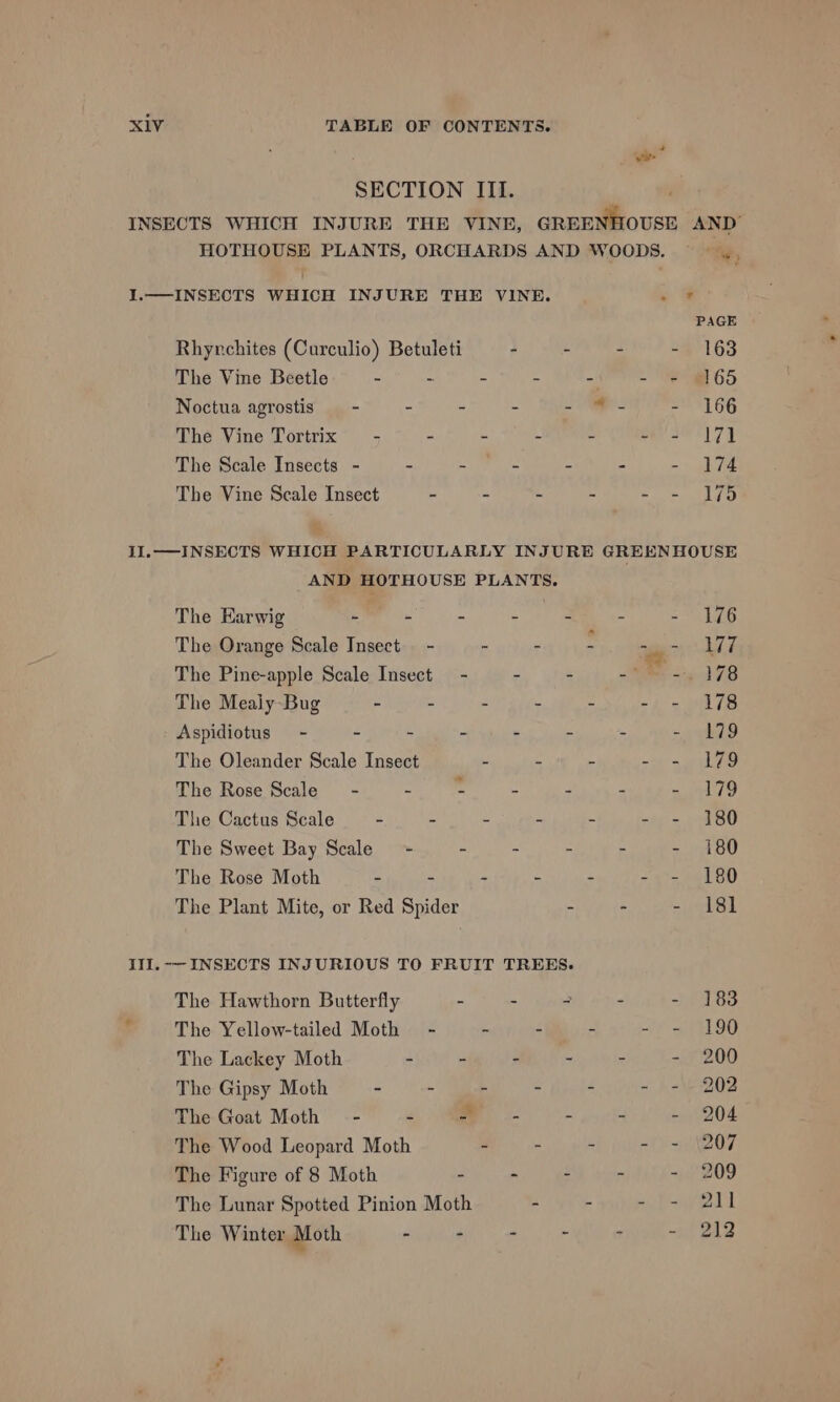 Rhyrchites (Curculio) Betuleti The Vine Beetle - uf Noctua agrostis —- - : The Vine Tortrix - - The Scale Insects - * : The Vine Scale Insect - The Earwig - - - The Orange Scale Insect - The Pine-apple Scale Insect The Mealy Bug - - Aspidiotus - - - - The Oleander Scale Insect The Rose Scale - - The Cactus Scale - - The Sweet Bay Scale - The Rose Moth - - The Plant Mite, or Red Spider The Hawthorn Butterfly - : The Yellow-tailed Moth - The Lackey Moth - - The Gipsy Moth &gt; - The Wood Leopard Moth The Figure of 8 Moth - The Lunar Spotted Pinion Moth The Winter Moth - ° 4 a&gt; PAGE - - 163 - - 165 eer 17d - - 174 - - 175 GREENHOUSE - = “i sien LF “Ss &lt;9 178 - - 178 - - 179 =i aurahae - - 179 - - 180 - - 180 - - 180 - - 181 - - 183 -. ~ 1190 - - 200 - - 202 - - 204 - - (207 - - 209 thee ge | - - 212