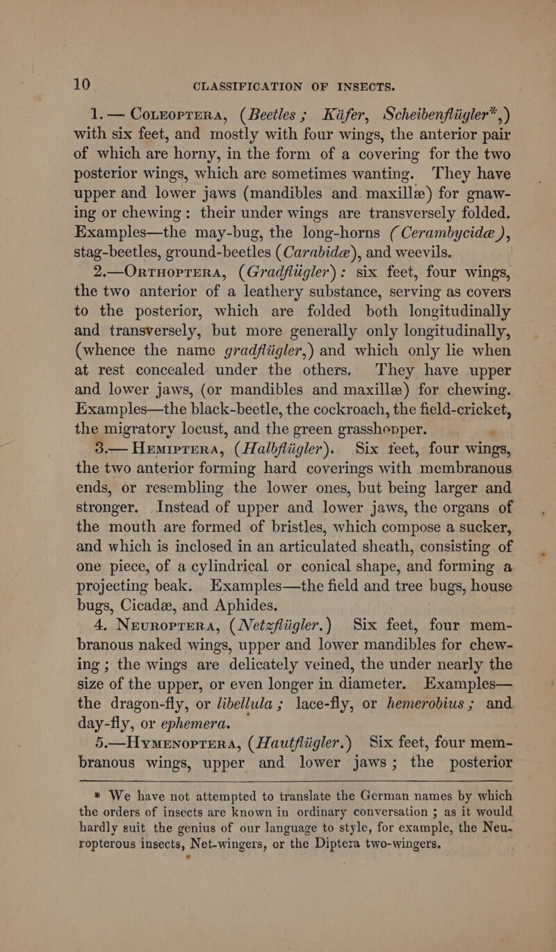 1.— Connorrera, (Beetles; Kifer, Scheibenfliigler*,) with six feet, and mostly with four wings, the anterior pair of which are horny, in the form of a covering for the two posterior wings, which are sometimes wanting. ‘They have upper and lower jaws (mandibles and maxille) for gnaw- ing or chewing: their under wings are transversely folded. Examples-the may-bug, the long-horns ( Cerambycide ), stag-beetles, paannddbce ties (Carabide), and weevils. 2.—OrrTHOPTERA, (Gradfltigler): six feet, four wings, the two anterior of a leathery substance, serving as covers to the posterior, which are folded both longitudinally and transversely, but more generally only longitudinally, (whence the name gradfliigler,) and which only lie when at rest concealed under the others. They have upper and lower jaws, (or mandibles and maxille) for chewing. Examples—the black-beetle, the cockroach, the field-cricket, the migratory locust, and the green ptasshaspert ee Hasna, (Halbfliigler). Six teet, four cates the two anterior forming hard coverings with membranous ends, or resembling the lower ones, but being larger and stronger. Instead of upper and lower jaws, the organs of the mouth are formed of bristles, which compose a sucker, and which is inclosed in an articulated sheath, consisting of one piece, of a cylindrical or conical shape, and forming a projecting beak. EZxamples—the field and tree bugs, house bugs, Cicadz, and Aphides. 4, Nevroprera, (Netzfliigler.) Six feet, four mem- branous naked wings, upper and lower mandibles for chew- ing ; the wings are delicately veined, the under nearly the size of the upper, or even longer in diameter. Examples— the dragon-fly, or libellula ; lace-fly, or hemerobius ; and day-fly, or ephemera. © 5.—Hymenorptera, (Hautfliigler.) Six feet, four mem- branous wings, upper and lower jaws; the posterior * We have not attempted to translate the German names by which the orders of insects are known in ordinary conversation ; as it would hardly suit the genius of our language to style, for example, the Neu- ropterous insects, Net-wingers, or the Diptera two-wingers.