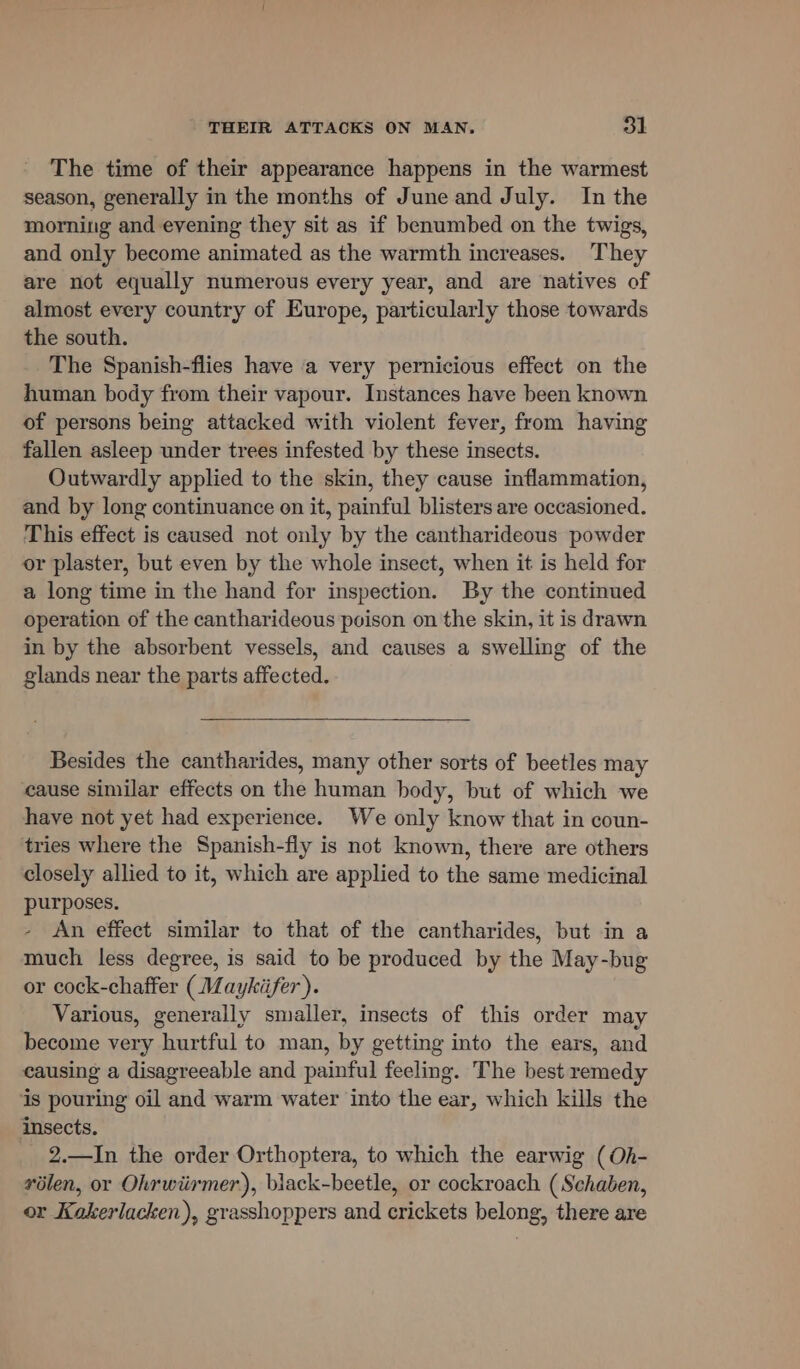 The time of their appearance happens in the warmest season, generally in the months of June and July. In the morning and evening they sit as if benumbed on the twigs, and only become animated as the warmth increases. They are not equally numerous every year, and are natives of almost every country of Europe, particularly those towards the south. The Spanish-flies have ‘a very pernicious effect on the human body from their vapour. Instances have been known of persons being attacked with violent fever, from having fallen asleep under trees infested by these insects. Outwardly applied to the skin, they cause inflammation, and by long continuance on it, painful blisters are occasioned. This effect is caused not only by the cantharideous powder or plaster, but even by the whole insect, when it is held for a long time in the hand for inspection. By the continued operation of the cantharideous poison on the skin, it is drawn in by the absorbent vessels, and causes a swelling of the glands near the parts affected. Besides the cantharides, many other sorts of beetles may cause similar effects on the human body, but of which we have not yet had experience. We only know that in coun- tries where the Spanish-fly is not known, there are others closely allied to it, which are applied to the same medicinal purposes. An effect similar to that of the cantharides, but in a much less degree, is said to be produced by the May-bug or cock-chaffer (Maykiifer). Various, generally smaller, insects of this order may become very hurtful to man, by getting into the ears, and causing a disagreeable and painful feeling. The best remedy ‘is pouring oil and warm water into the ear, which kills the insects. _ 2.—In the order Orthoptera, to which the earwig (Oh- rilen, or Ohrwiirmer), black-beetle, or cockroach (Schaben, or Kakerlacken), grasshoppers and crickets belong, there are