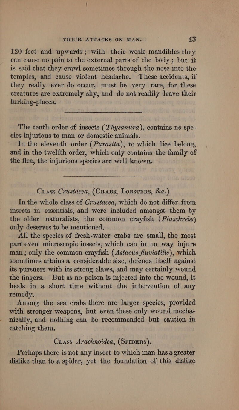 120 feet and upwards; with their weak mandibles they can cause no pain to the external parts of the body; but it is said that they crawl sometimes through the nose into the temples, and cause violent headache. These accidents, if they really ever do occur, must be very rare, for these creatures are extremely shy, and do not readily leave their lurking-places. The tenth order of insects (Thysanura), contains no spe- cies injurious to man or domestic animals. In the eleventh order (Parasita), to which lice belong, and in the twelfth order, which only contains the family of the flea, the injurious species are well known. Cxass Crustacea, (CRaBs, Lossrrrs, &amp;c.) In the whole class of Crustacea, which do not differ from insects in essentials, and were included amongst them by the older naturalists, the common crayfish (Flusskrebs) only deserves to be mentioned. All the species of fresh-water crabs are small, the most part even microscopic insects, which can in no way injure man ; only the common crayfish (Astacus fluviatilis), which sometimes attains a considerable size, defends itself against its pursuers with its strong claws, and may certainly wound the fingers. But as no poison is injected into the wound, it heals in a short time without the intervention of any remedy. Among the sea crabs there are larger species, provided with stronger weapons, but even these only wound mecha- nically, and nothing can be recommended but caution in catching them. Cuass Arachnoidea, (Sprpers). Perhaps there is not any insect to which man has a greater dislike than to a spider, yet the foundation of this dislike