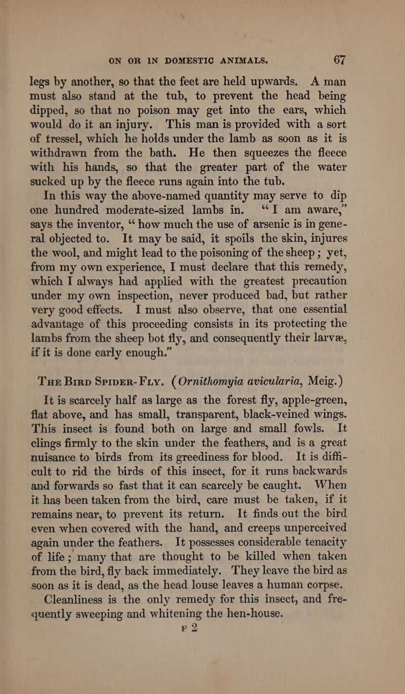 legs by another, so that the feet are held upwards. A man must also stand at the tub, to prevent the head being dipped, so that no poison may get into the ears, which would do it aninjury. This man is provided with a sort of tressel, which he holds under the lamb as soon as it is withdrawn from the bath. He then squeezes the fleece with his hands, so that the greater part of the water sucked up by the fleece runs again into the tub. In this way the above-named quantity may serve to dip one hundred moderate-sized lambs in. ‘I am aware,” says the inventor, ‘‘ how much the use of arsenic is in gene- ral objected to. It may be said, it spoils the skin, injures the wool, and might lead to the poisoning of the sheep ; yet, from my own experience, I must declare that this remedy, which I always had applied with the greatest precaution under my own inspection, never produced bad, but rather very good effects. I must also observe, that one essential advantage of this proceeding consists in its protecting the lambs from the sheep bot fly, and consequently their larve, if it is done early enough.” Tue Birp Sripver-Fry. (Ornithomyia avicularia, Meig.) It is scarcely half as large as the forest fly, apple-green, flat above, and has small, transparent, black-veined wings. This insect is found both on large and small fowls. It clings firmly to the skin under the feathers, and is a great nuisance to birds from its greediness for blood. It is diffi- cult to rid the birds of this insect, for it runs backwards and forwards so fast that it can scarcely be caught. When it has been taken from the bird, care must be taken, if it remains near, to prevent its return. It finds out the bird even when covered with the hand, and creeps unperceived again under the feathers. It possesses considerable tenacity of life; many that are thought to be killed when taken from the bird, fly back immediately. They leave the bird as soon as it is dead, as the head louse leaves a human corpse. Cleanliness is the only remedy for this insect, and fre- quently sweeping and whitening the hen-house. F2