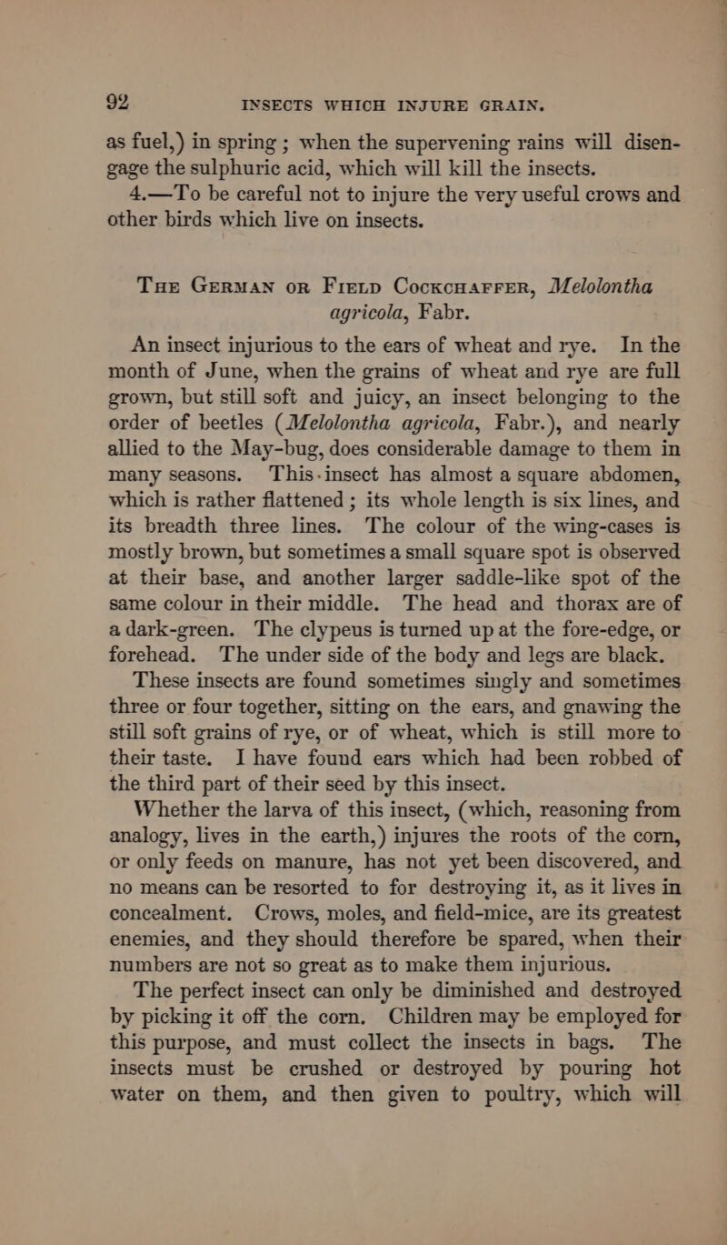 as fuel,) in spring ; when the supervening rains will disen- gage the sulphuric acid, which will kill the insects. 4.—To be careful not to injure the very useful crows and other birds which live on insects. Tae German orn Frietp Cocxcuarrer, Melolontha agricola, Fabr. An insect injurious to the ears of wheat andrye. In the month of June, when the grains of wheat and rye are full grown, but still soft and juicy, an insect belonging to the order of beetles (Melolontha agricola, Fabr.), and nearly allied to the May-bug, does considerable damage to them in many seasons. This-insect has almost a square abdomen, which is rather flattened ; its whole length is six lines, and its breadth three lines. The colour of the wing-cases is mostly brown, but sometimes a small square spot is observed at their base, and another larger saddle-like spot of the same colour in their middle. The head and thorax are of a dark-green. The clypeus is turned up at the fore-edge, or forehead. The under side of the body and legs are black. These insects are found sometimes singly and sometimes three or four together, sitting on the ears, and gnawing the still soft grains of rye, or of wheat, which is still more to their taste. I have found ears which had been robbed of the third part of their seed by this insect. Whether the larva of this insect, (which, reasoning from analogy, lives in the earth,) injures the roots of the corn, or only feeds on manure, has not yet been discovered, and no means can be resorted to for destroying it, as it lives in concealment. Crows, moles, and field-mice, are its greatest enemies, and they should therefore be spared, when their numbers are not so great as to make them injurious. The perfect insect can only be diminished and destroyed by picking it off the corn. Children may be employed for this purpose, and must collect the insects in bags. The insects must be crushed or destroyed by pouring hot water on them, and then given to poultry, which will