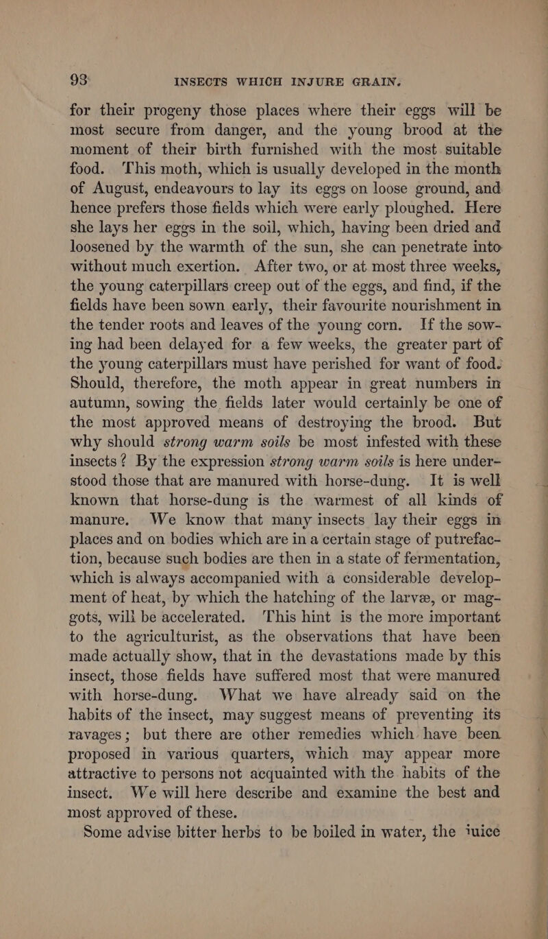for their progeny those places where their eggs will be most secure from danger, and the young brood at the moment of their birth furnished with the most. suitable food. ‘This moth, which is usually developed in the month of August, endeavours to lay its eggs on loose ground, and hence prefers those fields which were early ploughed. Here she lays her eggs in the soil, which, having been dried and loosened by the warmth of the sun, she can penetrate into without much exertion. After two, or at. most three weeks, the young caterpillars creep out of the eggs, and find, if the fields have been sown early, their favourite nourishment in the tender roots and leaves of the young corn. If the sow- ing had been delayed for a few weeks, the greater part of the young caterpillars must have perished for want of food. Should, therefore, the moth appear in great numbers in autumn, sowing the fields later would certainly be one of the most approved means of destroying the brood. But why should strong warm soils be most infested with these insects? By the expression strong warm soils is here under- stood those that are manured with horse-dung. It is well known that horse-dung is the warmest of all kinds of manure. We know that many insects lay their eggs in places and on bodies which are in a certain stage of putrefac- tion, because such bodies are then in a state of fermentation, which is always accompanied with a considerable develop- ment of heat, by which the hatching of the larve, or mag- gots, will be accelerated. ‘This hint is the more important to the agriculturist, as the observations that have been made actually show, that in the devastations made by this insect, those fields have suffered most that were manured with horse-dung. What we have already said on the habits of the insect, may suggest means of preventing its ravages; but there are other remedies which have been proposed in various quarters, which may appear more attractive to persons not acquainted with the habits of the insect. We will here describe and examine the best and most approved of these. Some advise bitter herbs to be boiled in water, the iice