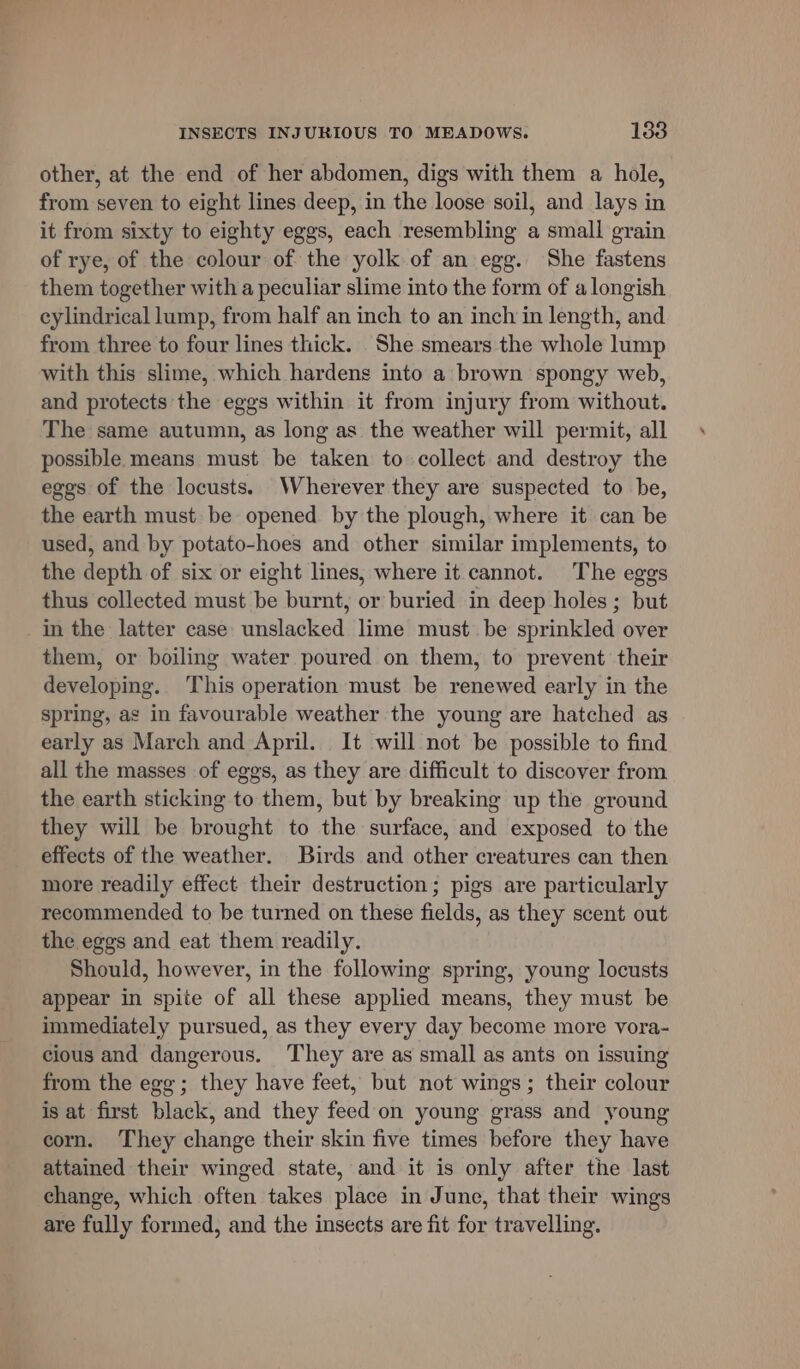 other, at the end of her abdomen, digs with them a hole, from seven to eight lines deep, in the loose soil, and lays in it from sixty to eighty eggs, each resembling a small grain of rye, of the colour of the yolk of an egg. She fastens them together with a peculiar slime into the form of a longish cylindrical lump, from half an inch to an inch in length, and from three to four lines thick. She smears the whole lump with this slime, which hardens into a brown spongy web, and protects the eggs within it from injury from without. The same autumn, as long as the weather will permit, all possible means must be taken to collect and destroy the egos of the locusts. Wherever they are suspected to be, the earth must be opened by the plough, where it can be used, and by potato-hoes and other similar implements, to the depth of six or eight lines, where it cannot. The eggs thus collected must be burnt, or buried in deep holes ; but in the latter case unslacked lime must be sprinkled over them, or boiling water poured on them, to prevent their developing. This operation must be renewed early in the spring, as in favourable weather the young are hatched as early as March and April. It will not be possible to find all the masses of eggs, as they are difficult to discover from the earth sticking to them, but by breaking up the ground they will be brought to the surface, and exposed to the effects of the weather. Birds and other creatures can then more readily effect their destruction; pigs are particularly recommended to be turned on these fields, as they scent out the eggs and eat them readily. Should, however, in the following spring, young locusts appear in spite of all these applied means, they must be immediately pursued, as they every day become more vora- cious and dangerous. They are as small as ants on issuing from the egg; they have feet, but not wings; their colour is at first black, and they feed on young grass and young corn. They change their skin five times before they have attained their winged state, and it is only after the last change, which often takes place in June, that their wings are fully formed, and the insects are fit for travelling.