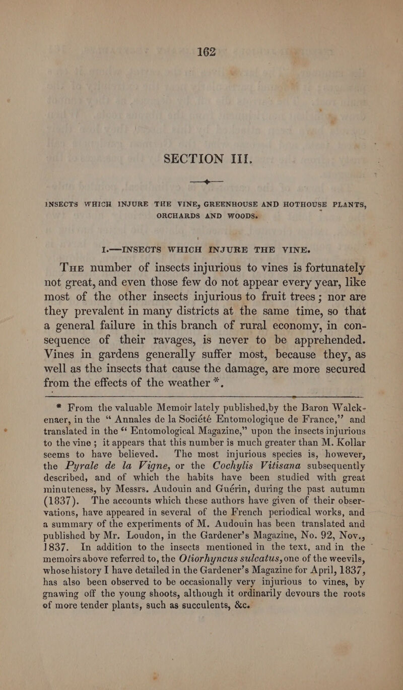 SECTION II. —_+&gt;—_ INSECTS WHICH INJURE THE VINE, GREENHOUSE AND HOTHOUSE PLANTS, ORCHARDS AND WOODS. I.—INSECTS WHICH INJURE THE VINE. Tue number of insects injurious to vines is fortunately not great, and even those few do not appear every year, like most of the other insects injurious to fruit trees ; nor are they prevalent in many districts at the same time, so that a general failure in this branch of rural economy, in con- sequence of their ravages, is never to be apprehended. Vines in gardens generally suffer most, because they, as well as the insects that cause the damage, are more secured from the effects of the weather *. * From the valuable Memoir lately published,by the Baron Walck- enaer, in the “ Annales de la Société Entomologique de France,”’ and translated in the “ Entomological Magazine,” upon the insects injurious to the vine; it appears that this number is much greater than M. Kollar seems to have believed. The most injurious species is, however, the Pyrale de la Vigne, or the Cochylis Vitisana subsequently described, and of which the habits have been studied with great minuteness, by Messrs. Audouin and Guérin, during the past autumn (1837). The accounts which these authors have given of their obser- vations, have appeared in several of the French periodical works, and a summary of the experiments of M. Audouin has been translated and published by Mr. Loudon, in the Gardener’s Magazine, No. 92, Nov., 1837. In addition to the insects mentioned in the text, and in the © memoirs above referred to, the Oliorhyncus sulcatus, one of the weevils, whose history I have detailed in the Gardener’s Magazine for April, 1837, has also been observed to be occasionally very injurious to vines, by gnawing off the young shoots, although it ordinarily devours the roots of more tender plants, such as succulents, &amp;c.