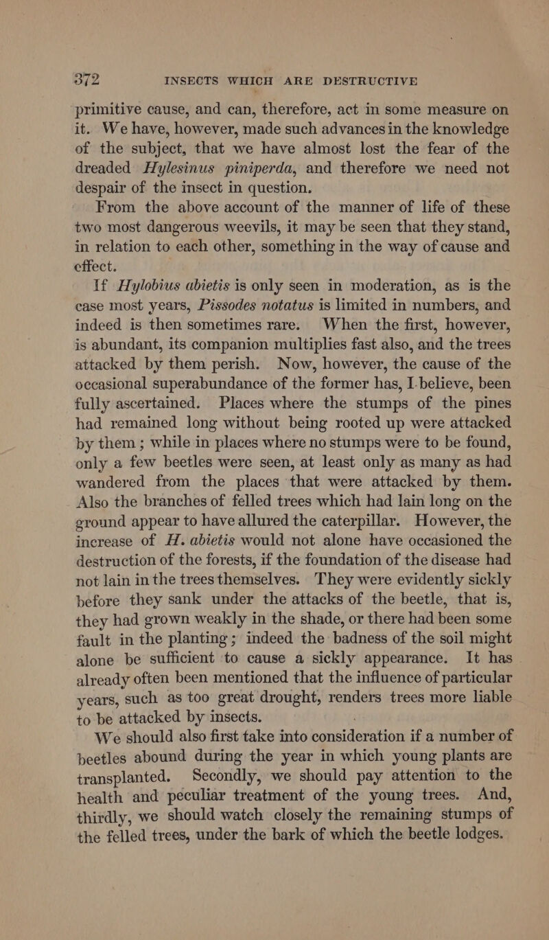 primitive cause, and can, therefore, act in some measure on it. We have, however, made such advances in the knowledge of the subject, that we have almost lost the fear of the dreaded Hylesinus piniperda, and therefore we need not despair of the insect in question. From the above account of the manner of life of these two most dangerous weevils, it may be seen that they stand, in relation to each other, something in the way of cause and effect. If Hylobius abietis is only seen in moderation, as is the case most years, Pissodes notatus is limited in numbers, and indeed is then sometimes rare. When the first, however, is abundant, its companion multiplies fast also, and the trees attacked by them perish. Now, however, the cause of the occasional superabundance of the former has, I-believe, been fully ascertained. Places where the stumps of the pines had remained long without being rooted up were attacked by them ; while in places where no stumps were to be found, only a few beetles were seen, at least only as many as had wandered from the places that were attacked by them. Also the branches of felled trees which had lain long on the ground appear to have allured the caterpillar. However, the increase of H. abietis would not alone have occasioned the destruction of the forests, if the foundation of the disease had not lain in the treesthemselves. They were evidently sickly before they sank under the attacks of the beetle, that is, they had grown weakly in the shade, or there had been some fault in the planting; indeed the badness of the soil might alone be sufficient to cause a sickly appearance. It has already often been mentioned that the influence of particular years, such as too great drought, renders trees more liable to be attacked by insects. , We should also first take into consideration if a number of beetles abound during the year in which young plants are transplanted. Secondly, we should pay attention to the health and peculiar treatment of the young trees. And, thirdly, we should watch closely the remaining stumps of the felled trees, under the bark of which the beetle lodges.